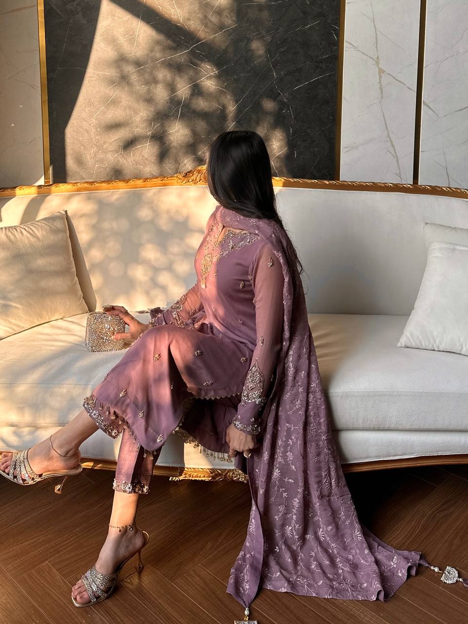 Elegant Heavy Embroidery Sequence Work Faux Georgette Top Pant Dupatta Set