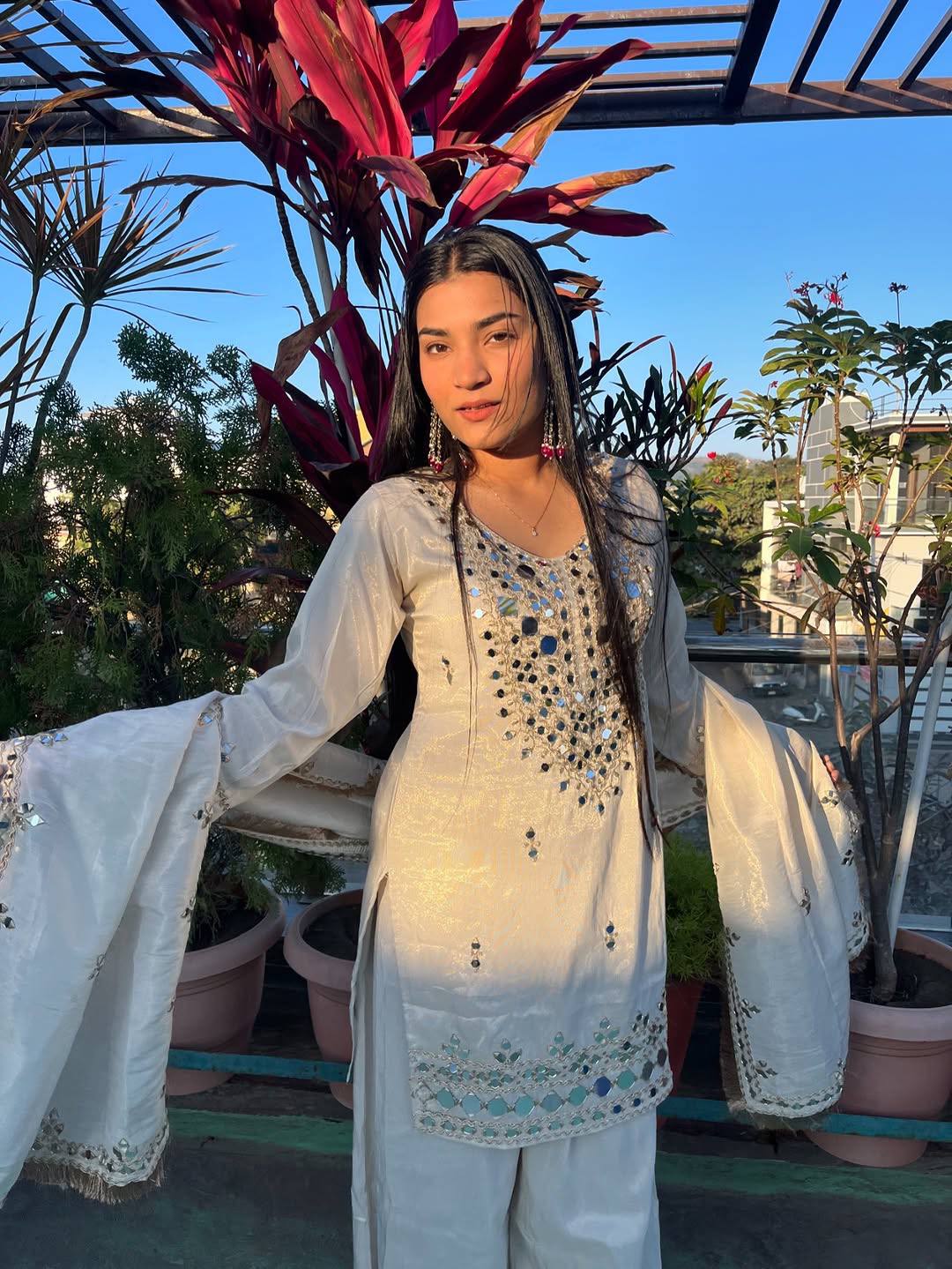 Party & Wedding Special Real Mirror Embroidered Plazzo Suit Set