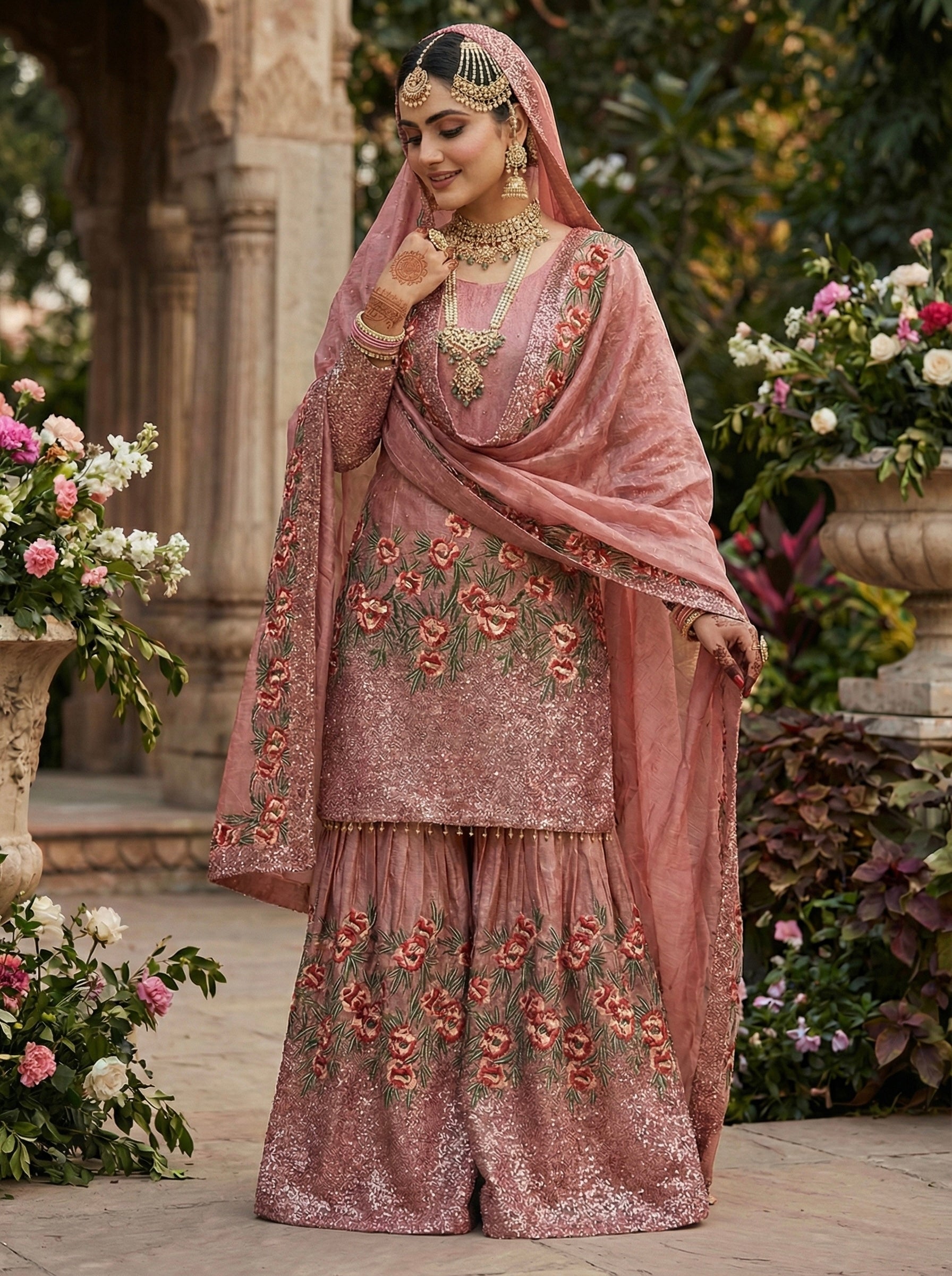 Designer Fendy Silk Top Sharara Dupatta Set with Handwork & Embroidery | Party & Wedding Wear Outfit