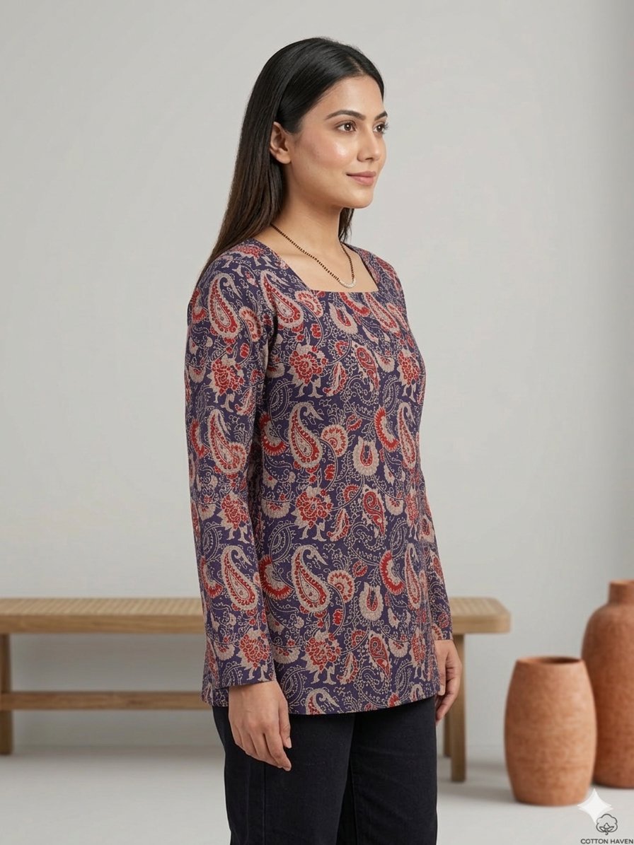 Comfort Fit Purple Cotton Tunic with All Over Digital Print
