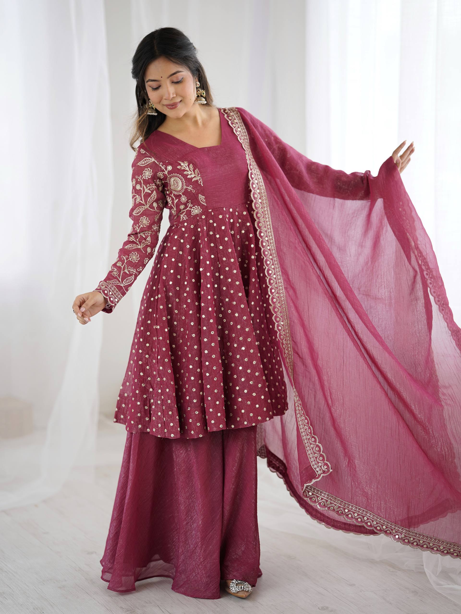 Designer Crunchy Silk Top Sharara Dupatta Set with Heavy Embroidery | Party & Wedding Wear Ethnic Outfit