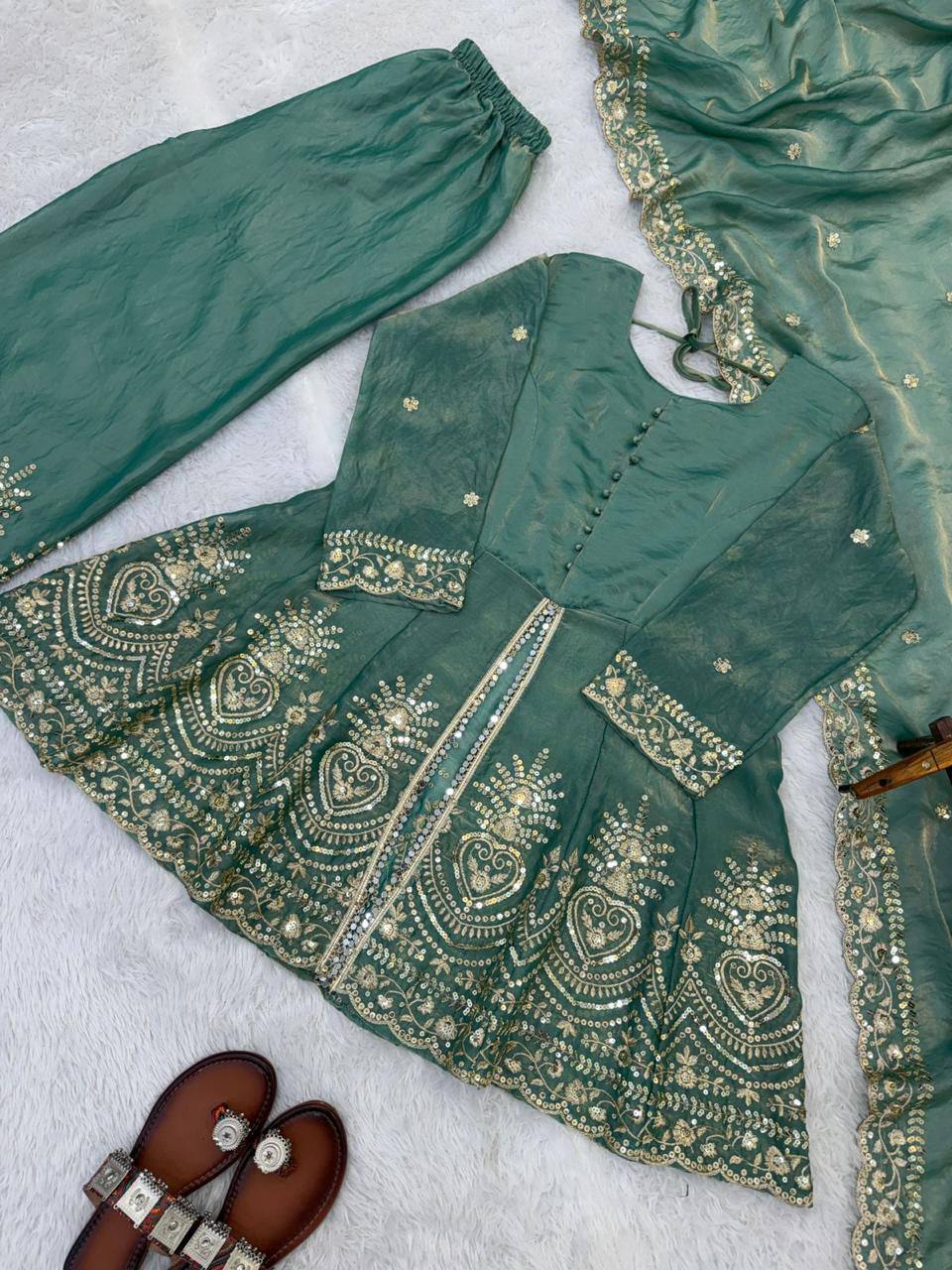 Latest Fendy Silk Real Mirror Embroidered Top Plazzo Set | Party & Festive Wear Outfit for Women