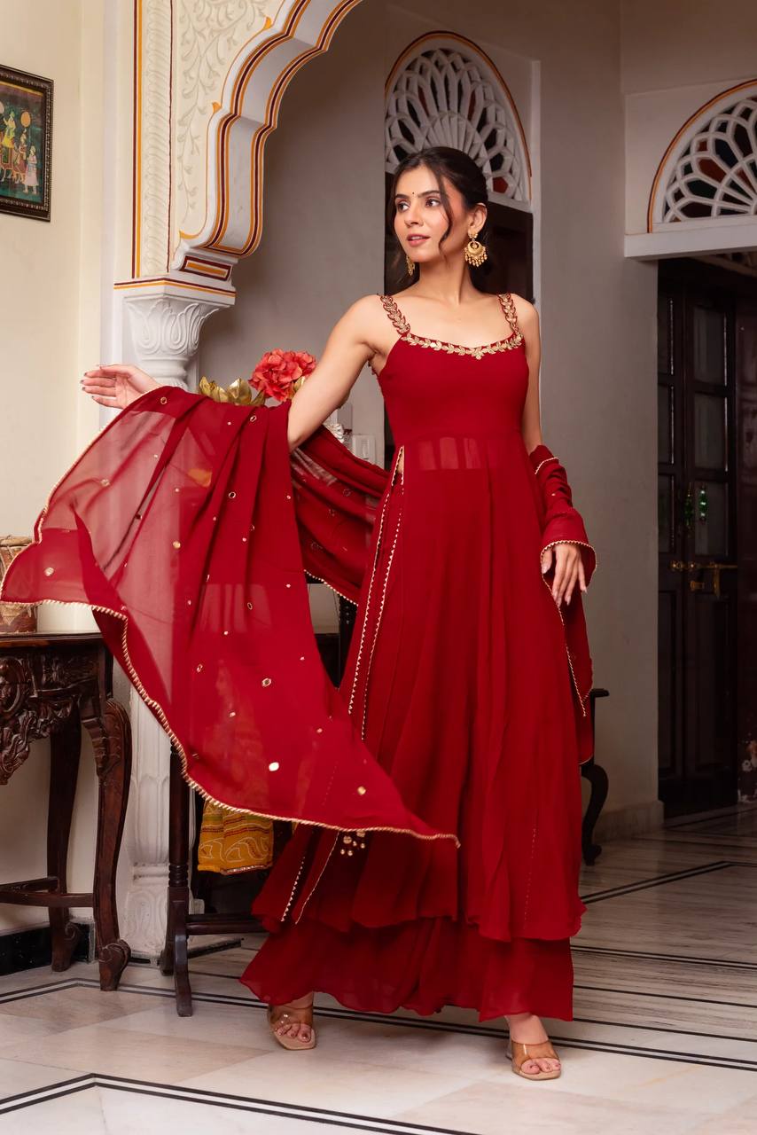 Affordable Party Wear Faux Georgette Kurti Plazzo Set with Mirror Work