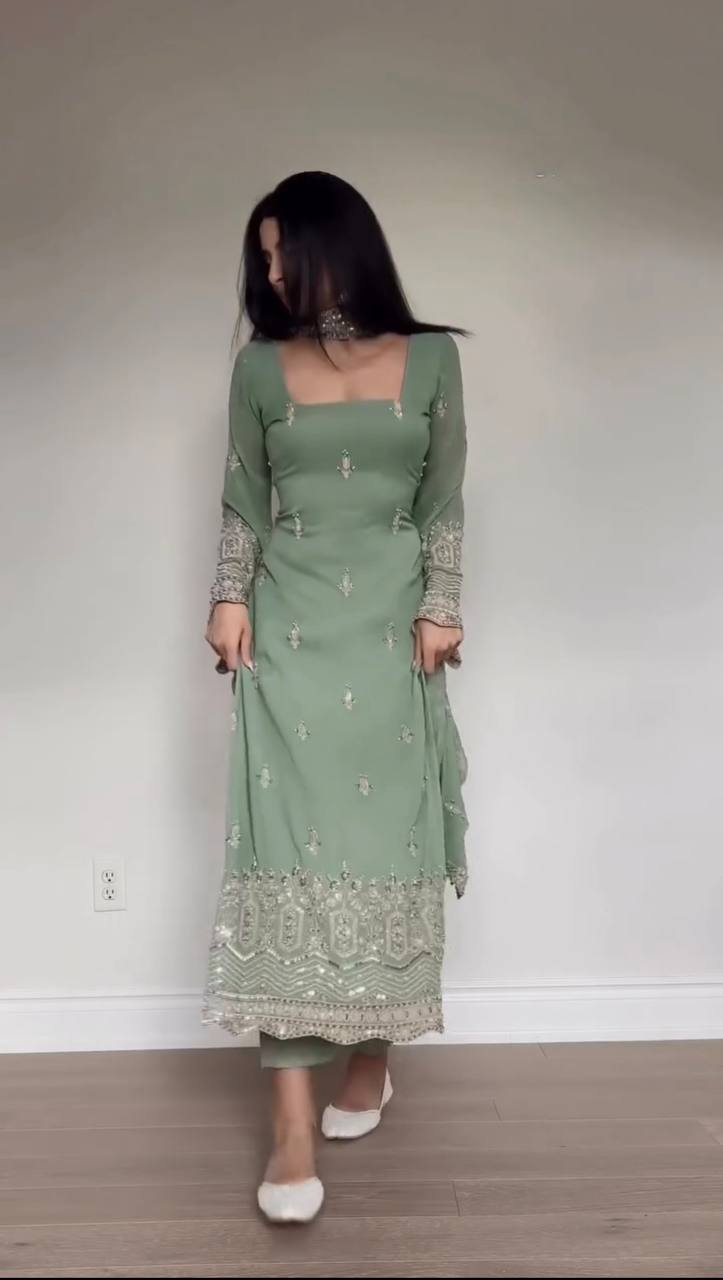 Elegant Thread Work Faux Georgette 3-Piece Suit for Festive Wear