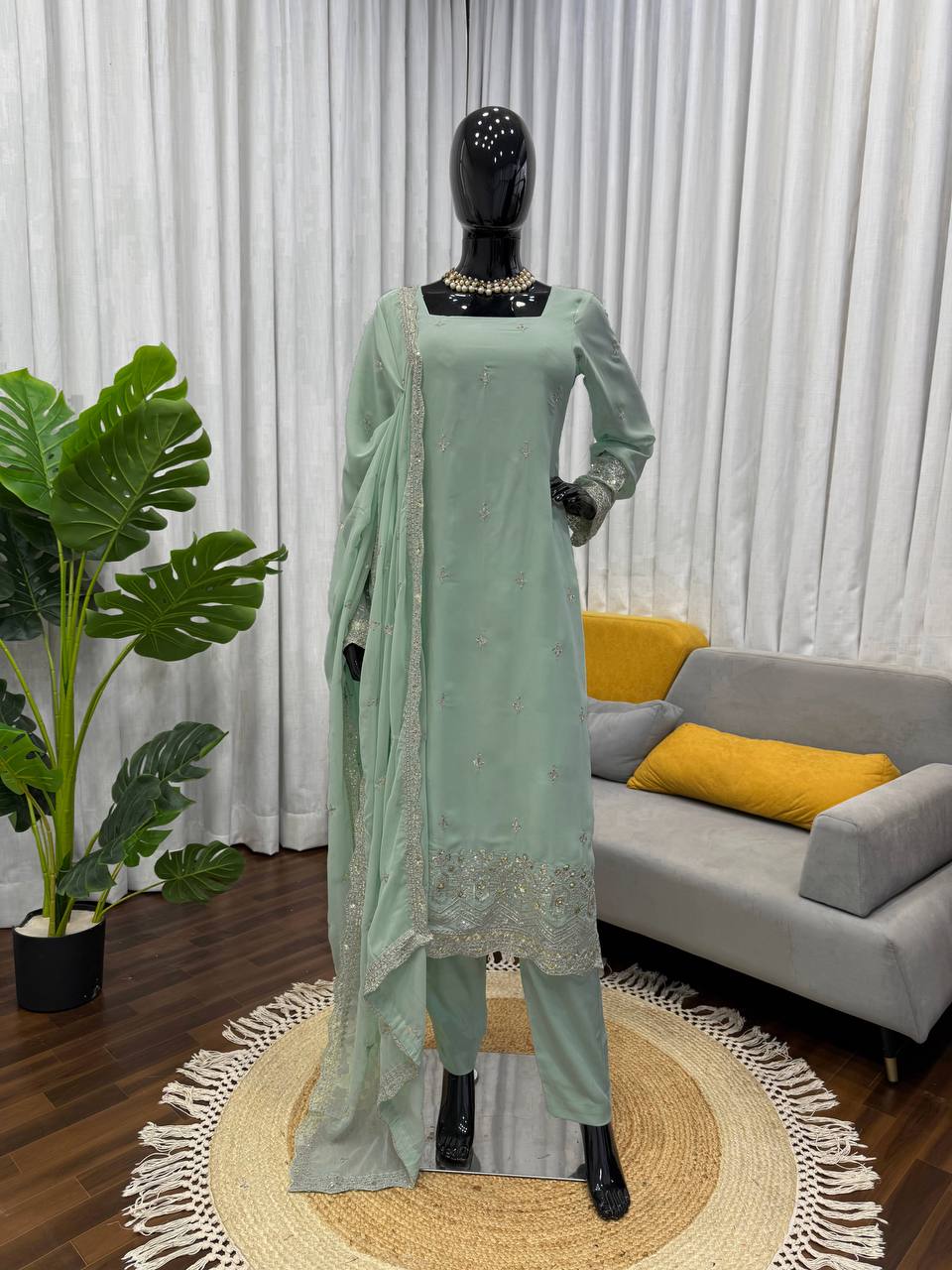 Elegant Thread Work Faux Georgette 3-Piece Suit for Festive Wear