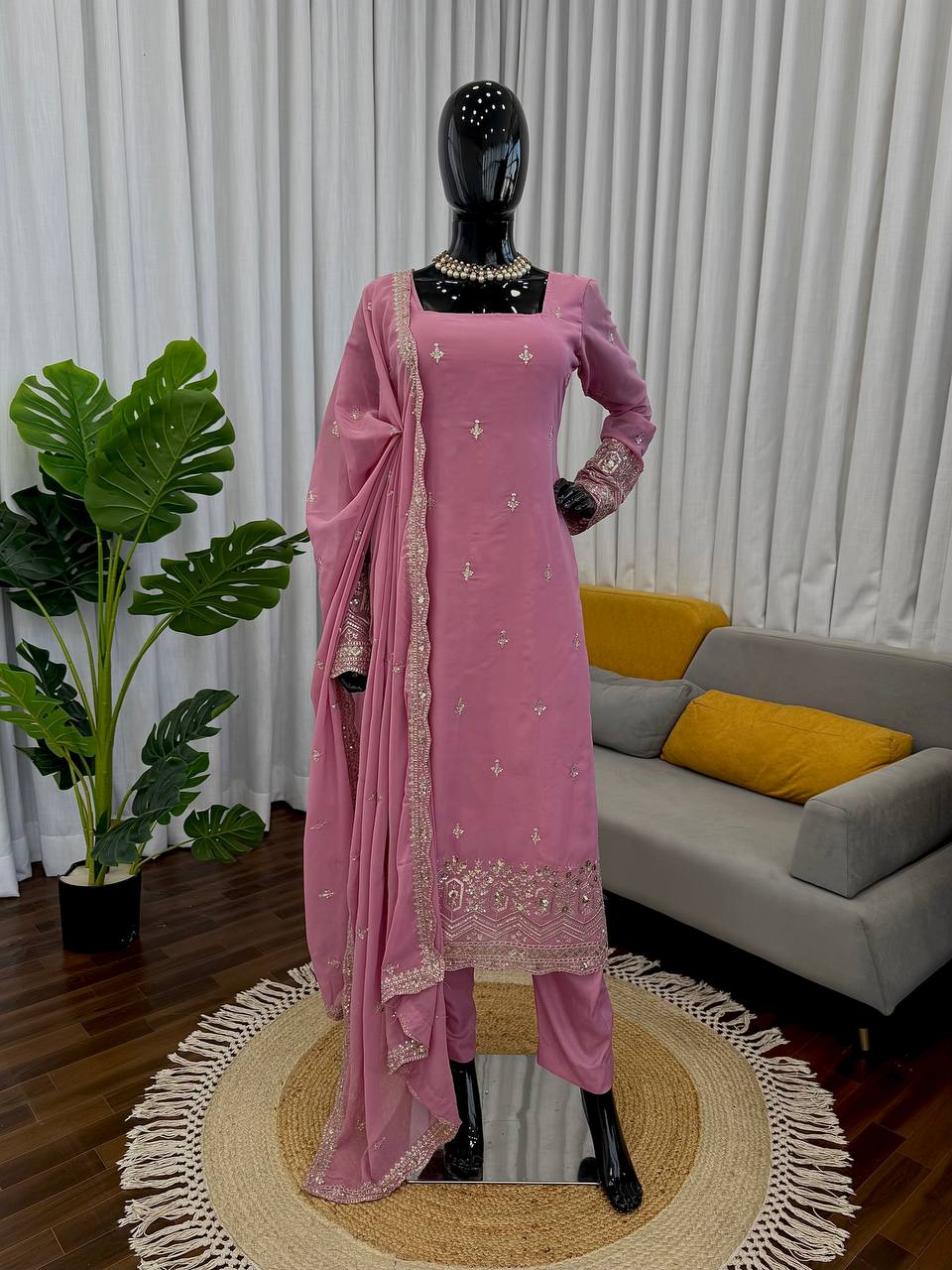 Elegant Thread Work Faux Georgette 3-Piece Suit for Festive Wear
