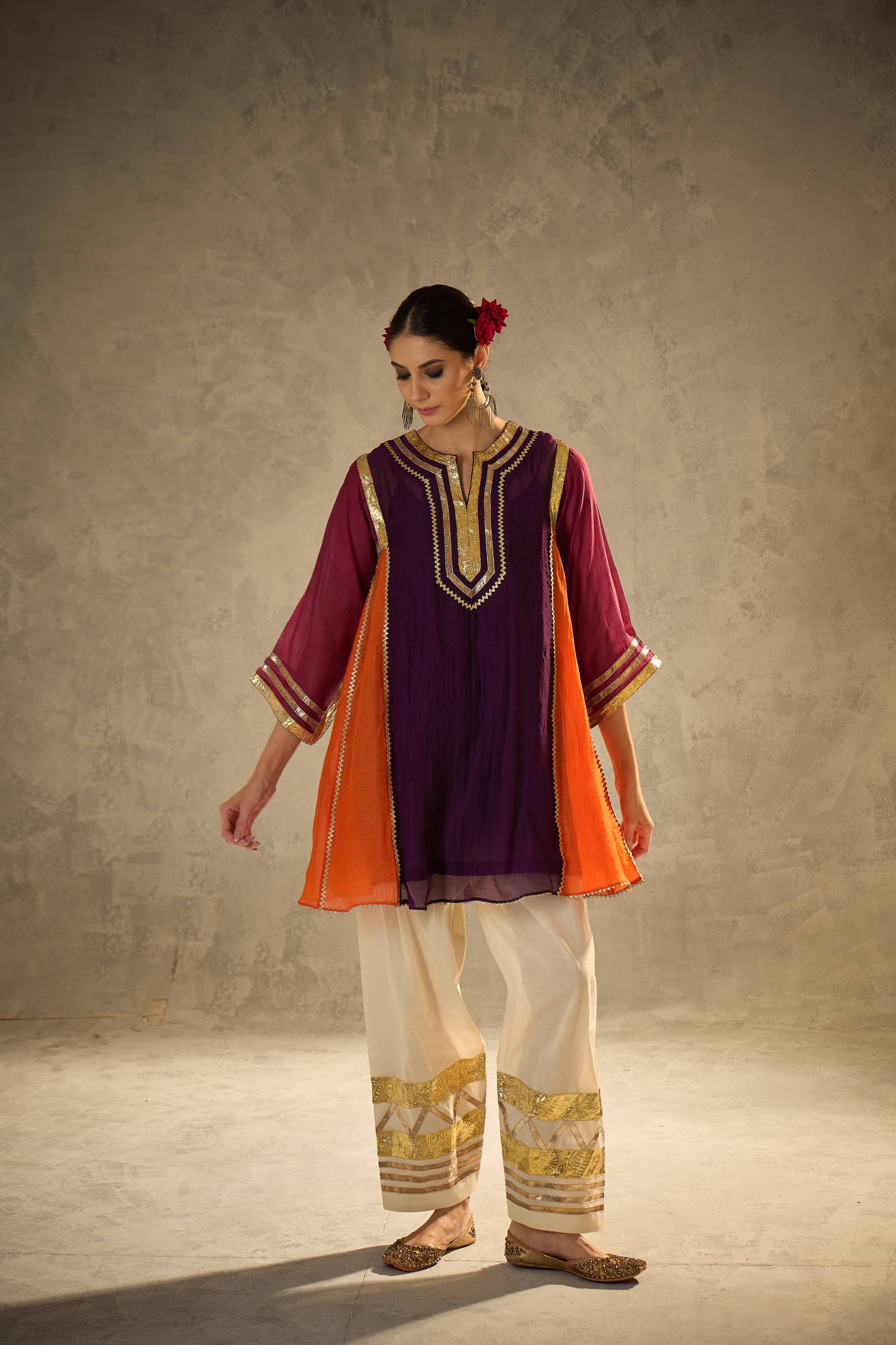 Designer 2-Piece Chinon Top and Bottom Set with Gota Patti Pattern