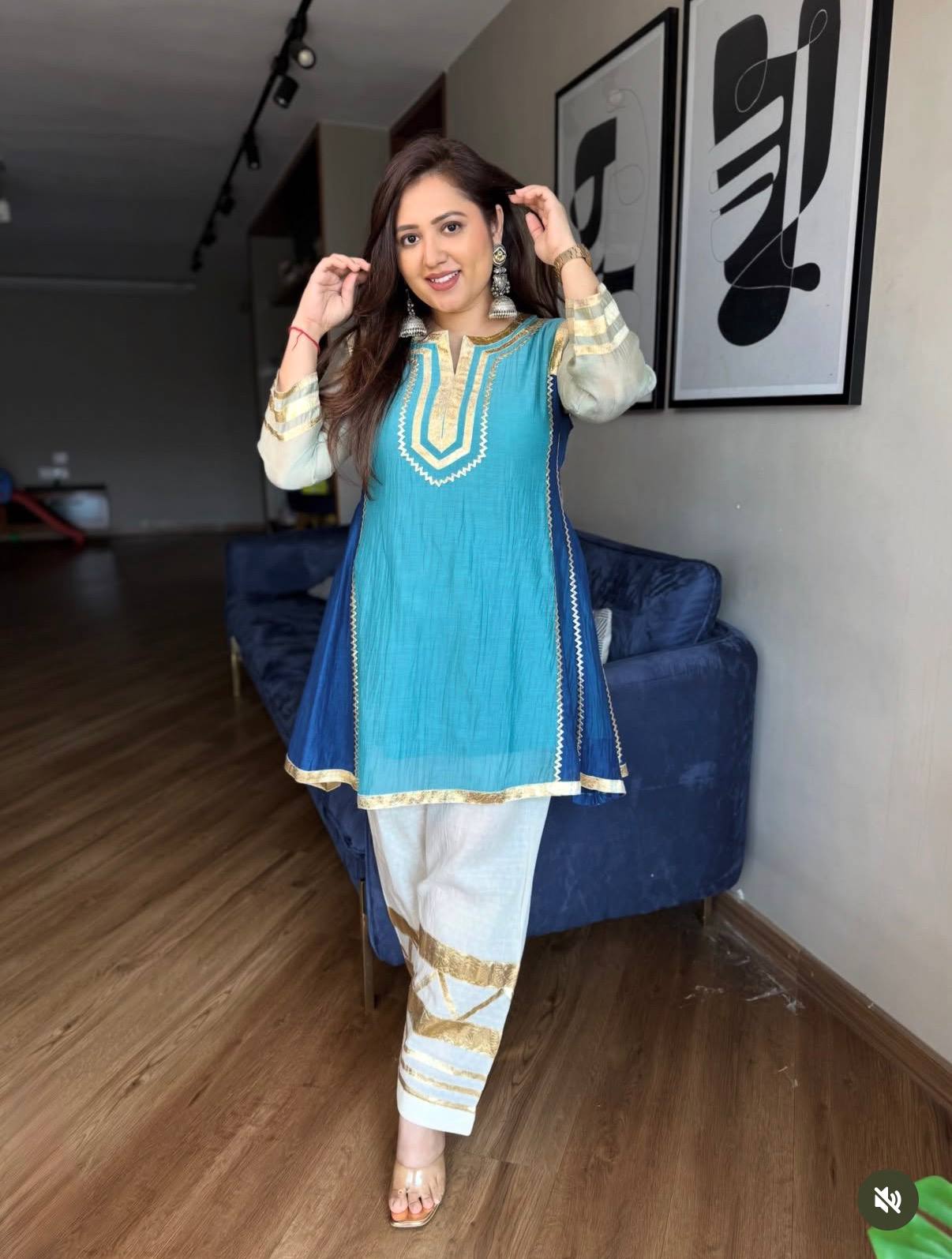 Designer 2-Piece Chinon Top and Bottom Set with Gota Patti Pattern