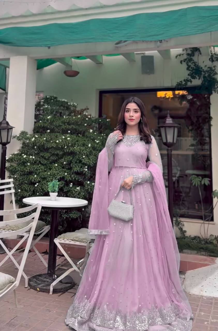 Sequence Embroidery Faux Georgette Gown with Matching Lehenga