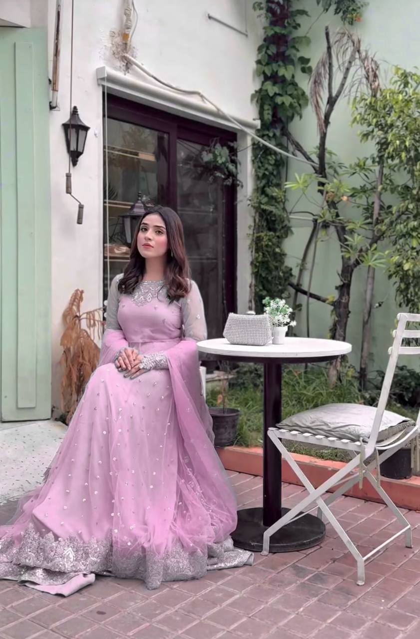 Sequence Embroidery Faux Georgette Gown with Matching Lehenga