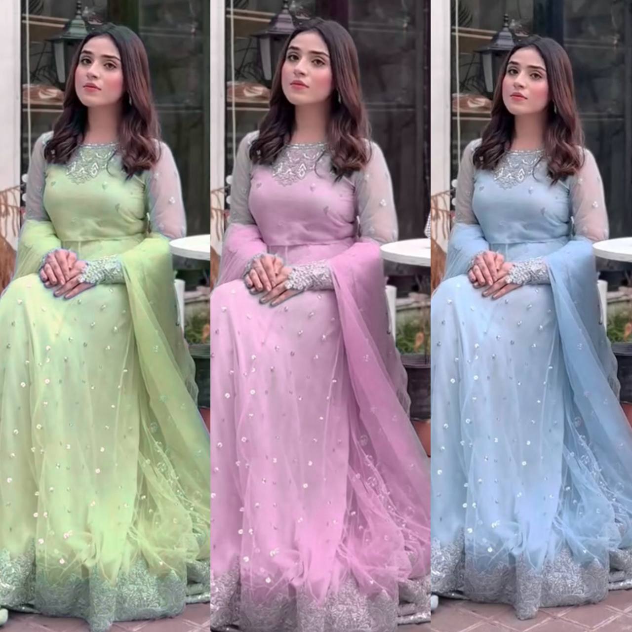 Sequence Embroidery Faux Georgette Gown with Matching Lehenga