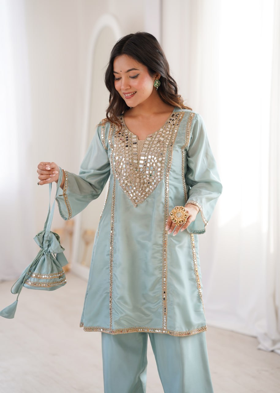Modern Ethnic V-Neck Kurti Set with Adjustable Pant and Traditional Batwa