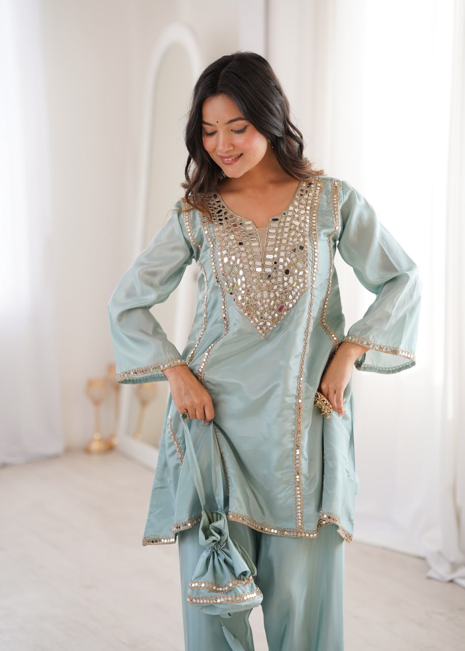 Modern Ethnic V-Neck Kurti Set with Adjustable Pant and Traditional Batwa