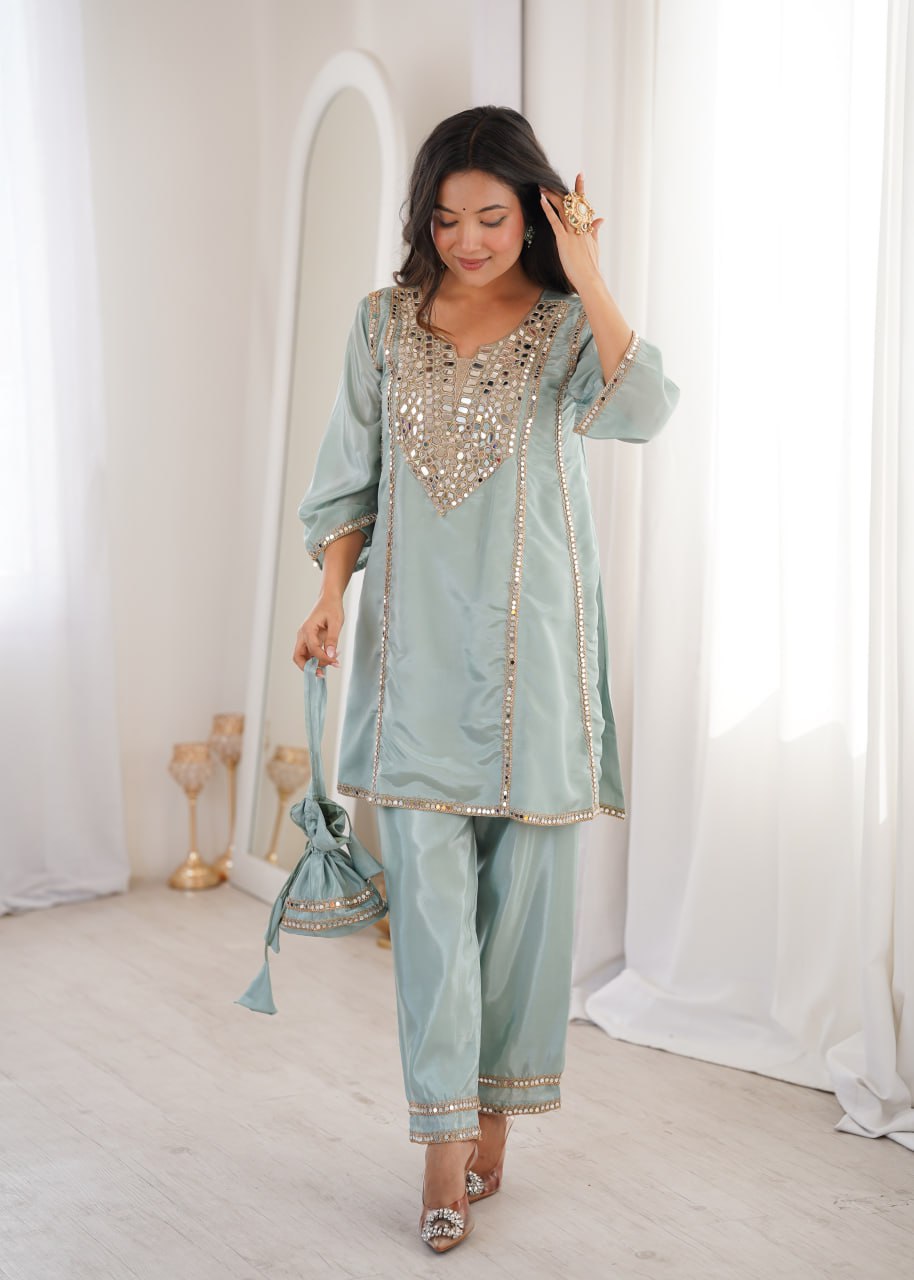 Modern Ethnic V-Neck Kurti Set with Adjustable Pant and Traditional Batwa