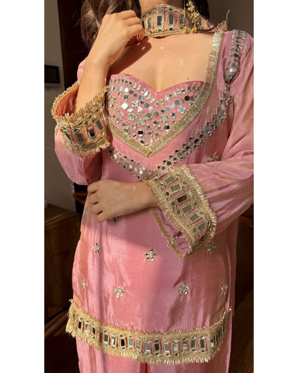 Premium Fendy Silk Mirror Work Top Sharara Set – Ready to Wear