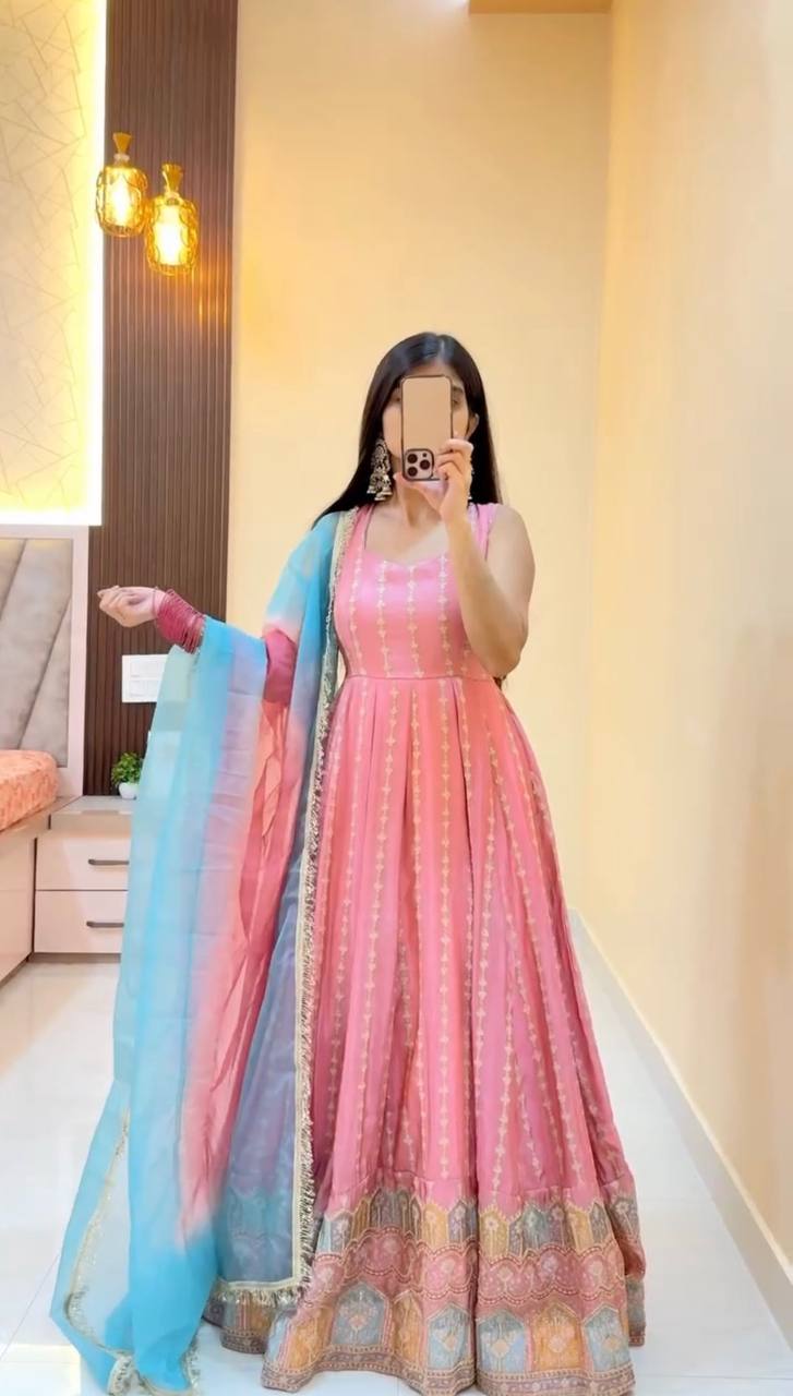 Premium Chinon Silk Anarkali Suit with Digital Print Tabby Organza Dupatta
