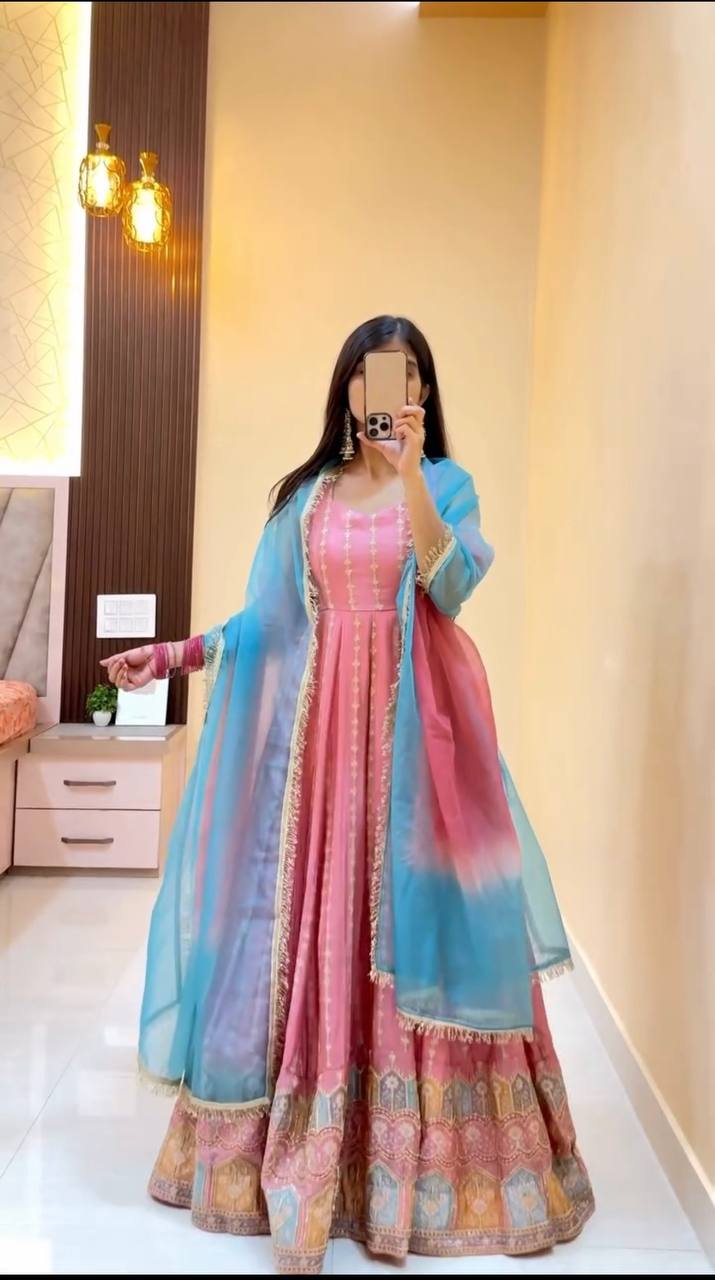 Premium Chinon Silk Anarkali Suit with Digital Print Tabby Organza Dupatta