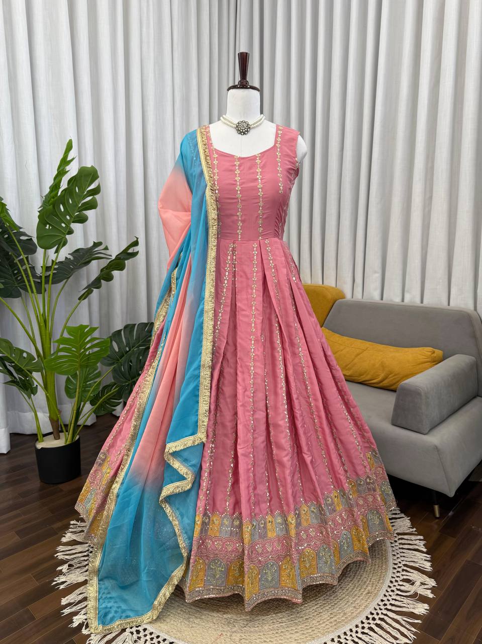 Premium Chinon Silk Anarkali Suit with Digital Print Tabby Organza Dupatta