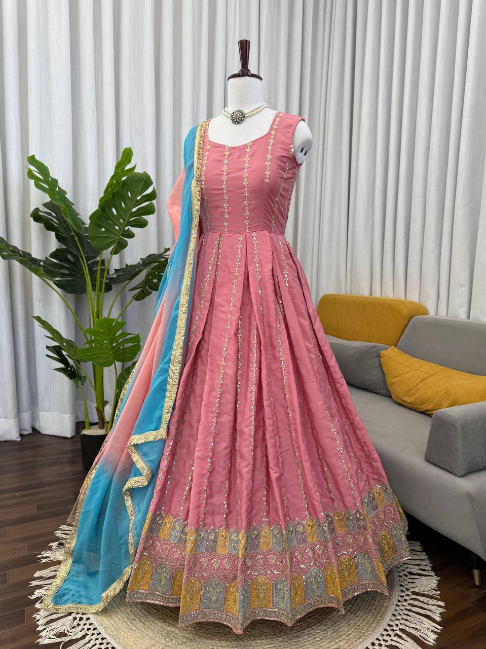 Premium Chinon Silk Anarkali Suit with Digital Print Tabby Organza Dupatta