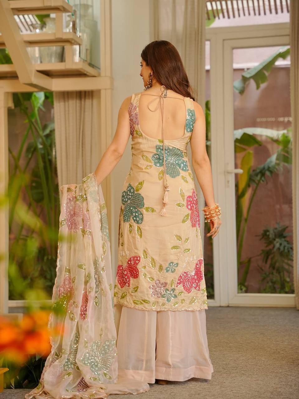 Tibby Organza Silk Brush Print Palzoo Set with Front & Back Sequence Work