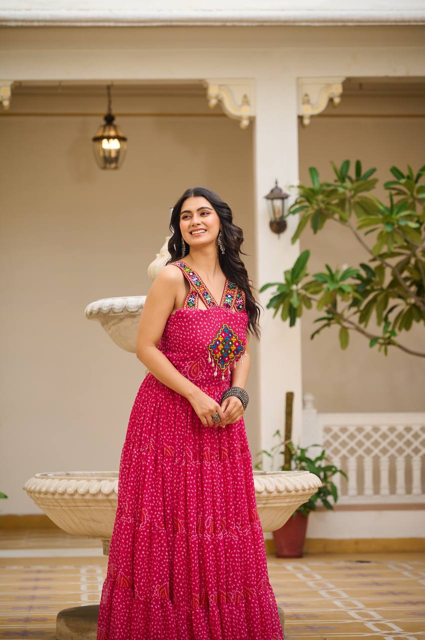 Bandhani Real Mirror Handcrafted Work Gown
