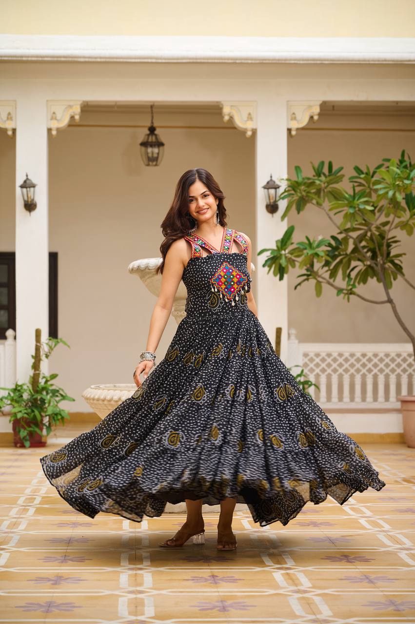 Bandhani Real Mirror Handcrafted Work Gown