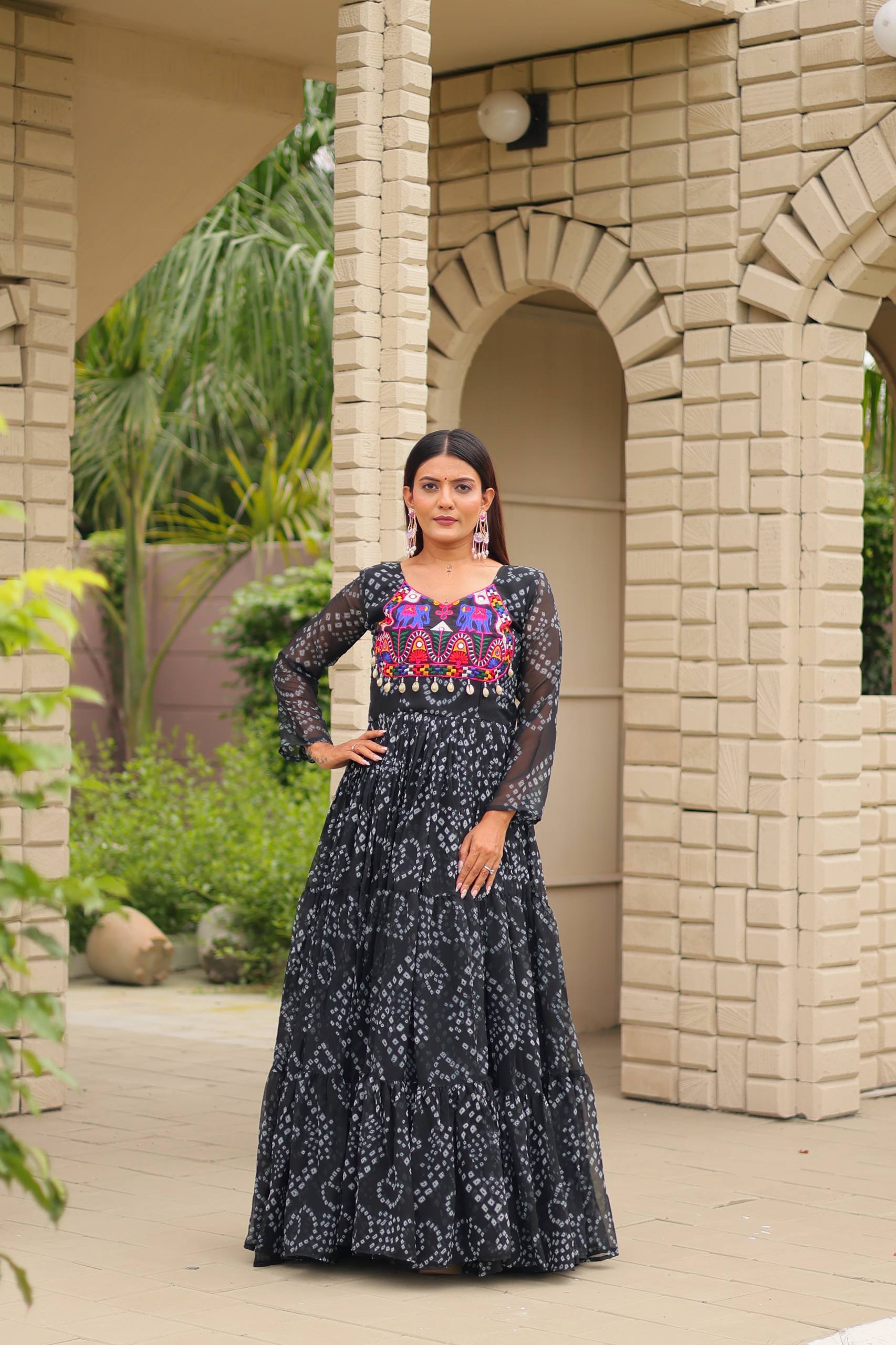 Traditional Embroidery Thread Work Gown with Real Mirror and Kodi Lace