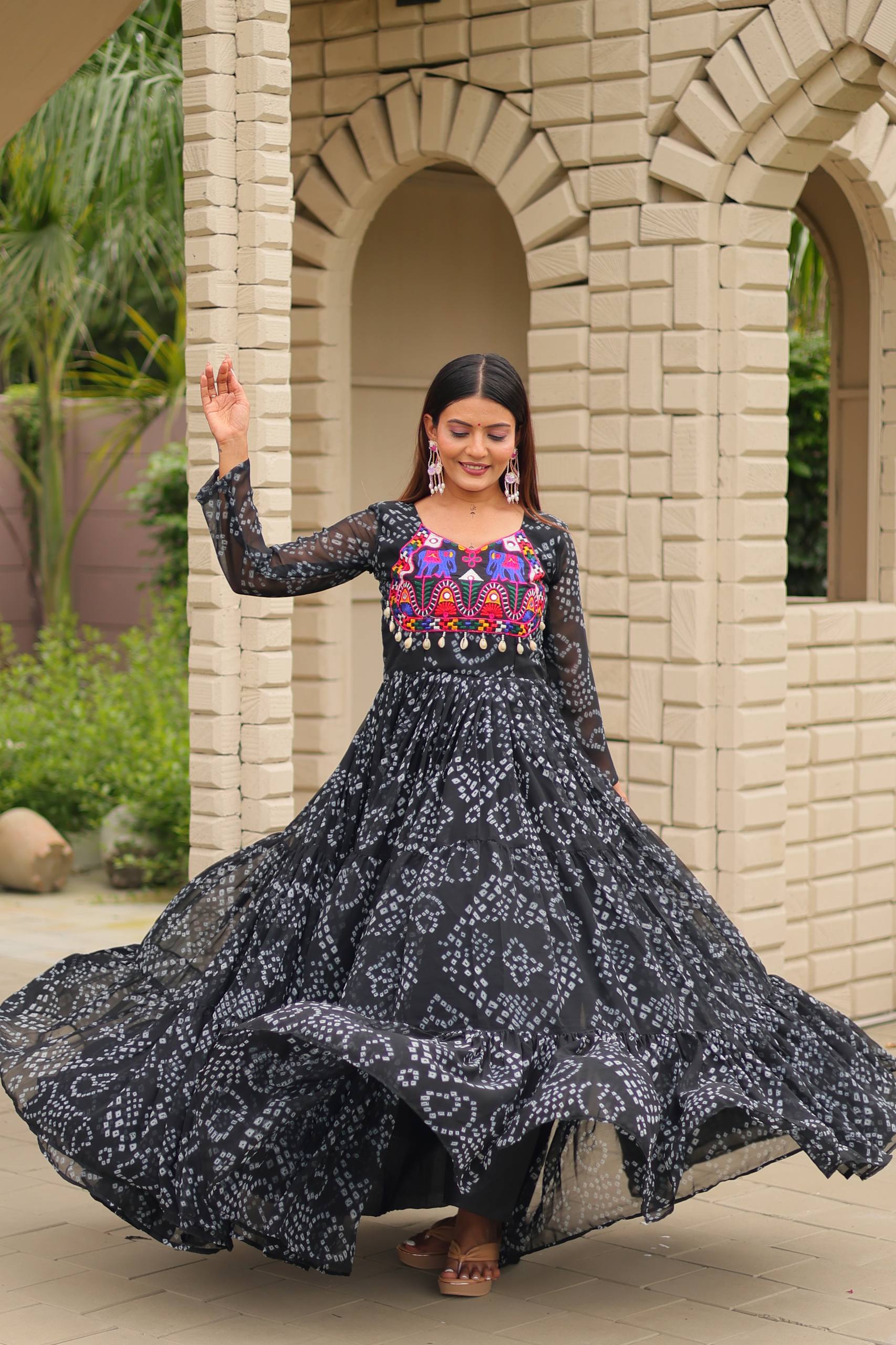 Traditional Embroidery Thread Work Gown with Real Mirror and Kodi Lace