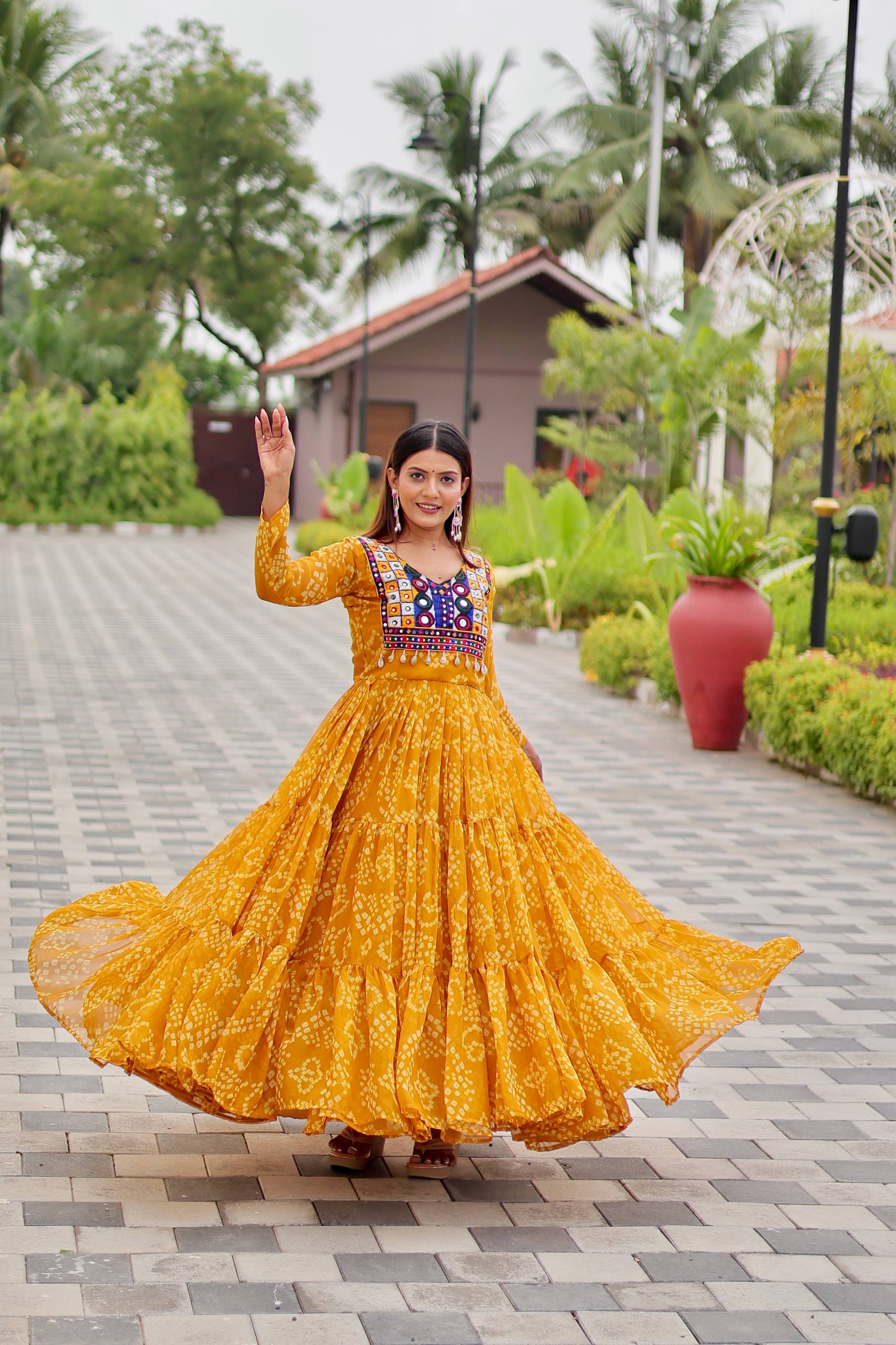 Traditional Embroidery Thread Work Gown with Real Mirror and Kodi Lace