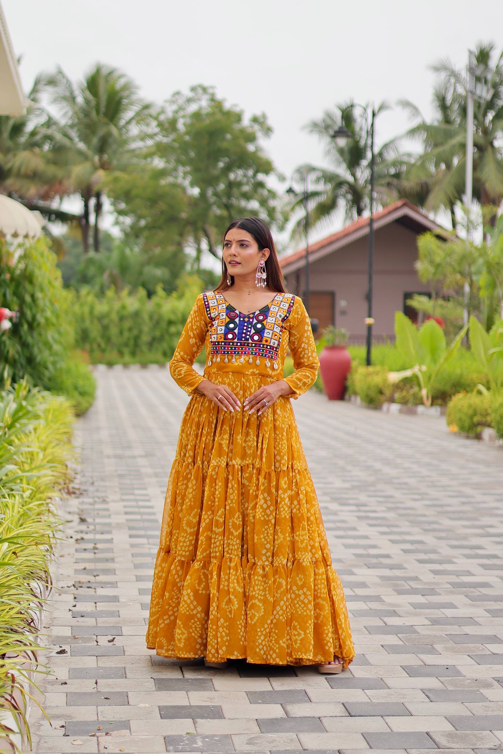 Traditional Embroidery Thread Work Gown with Real Mirror and Kodi Lace