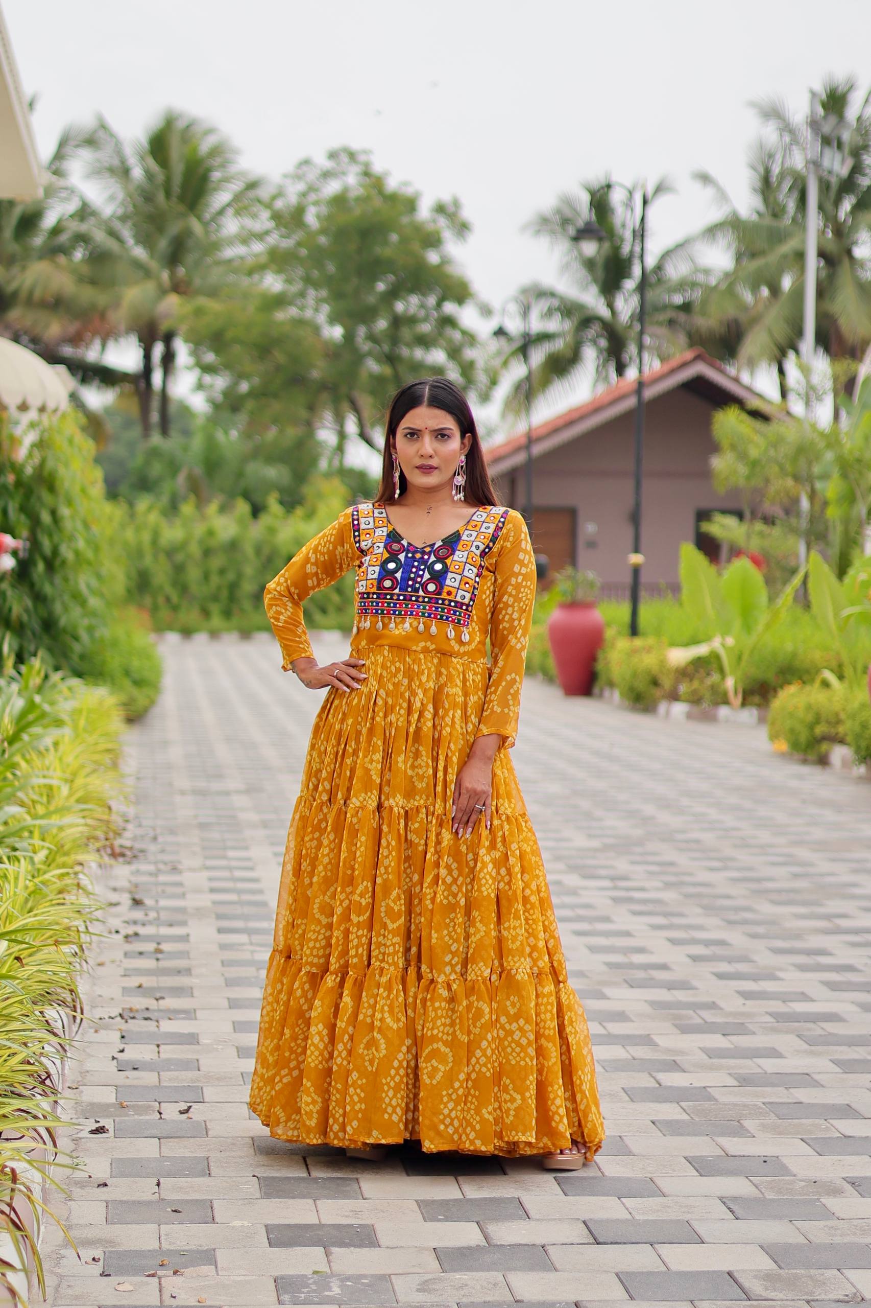 Traditional Embroidery Thread Work Gown with Real Mirror and Kodi Lace