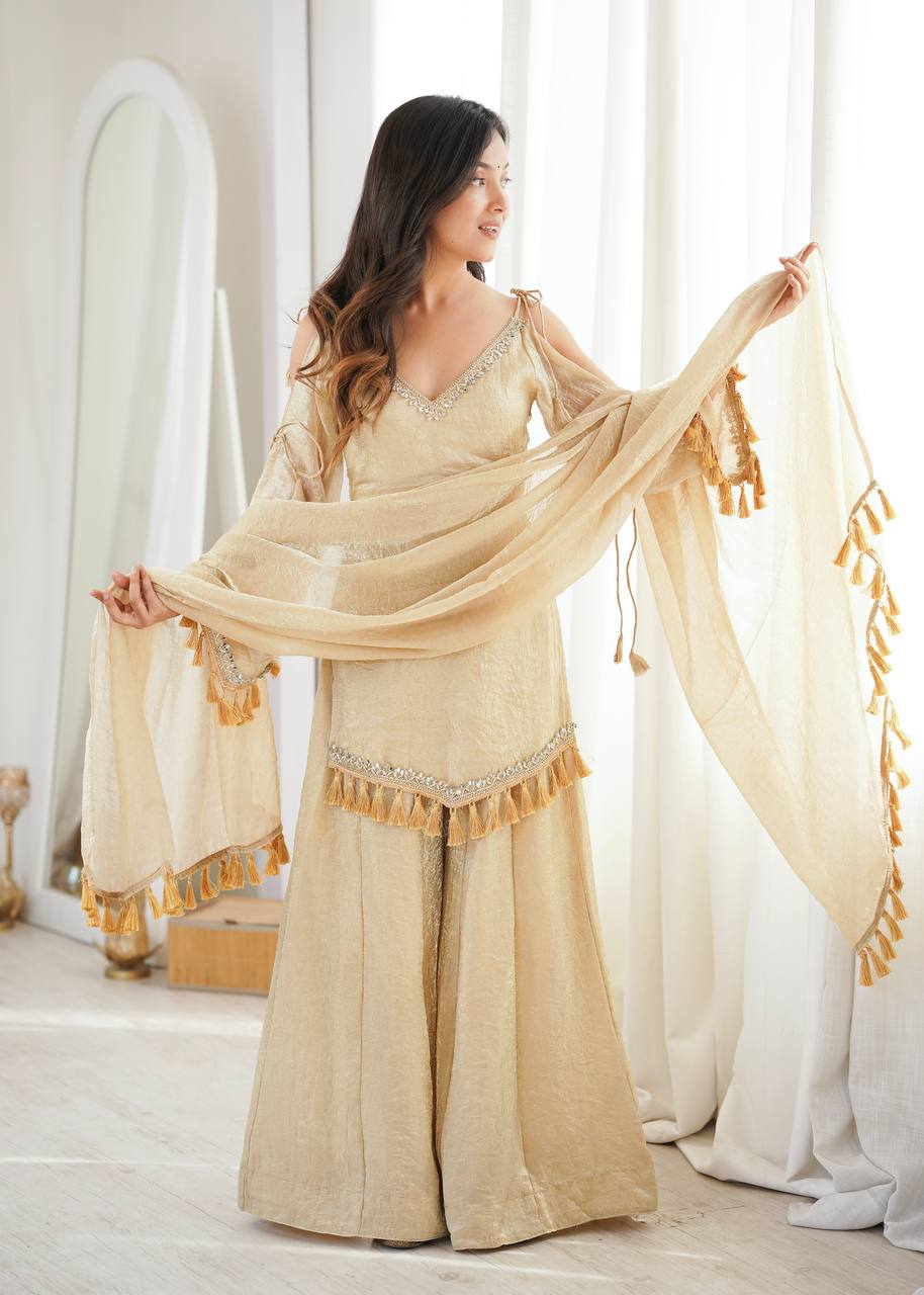 Premium Doremon Crush Silk Plazzo Suit with Real Mirror Work