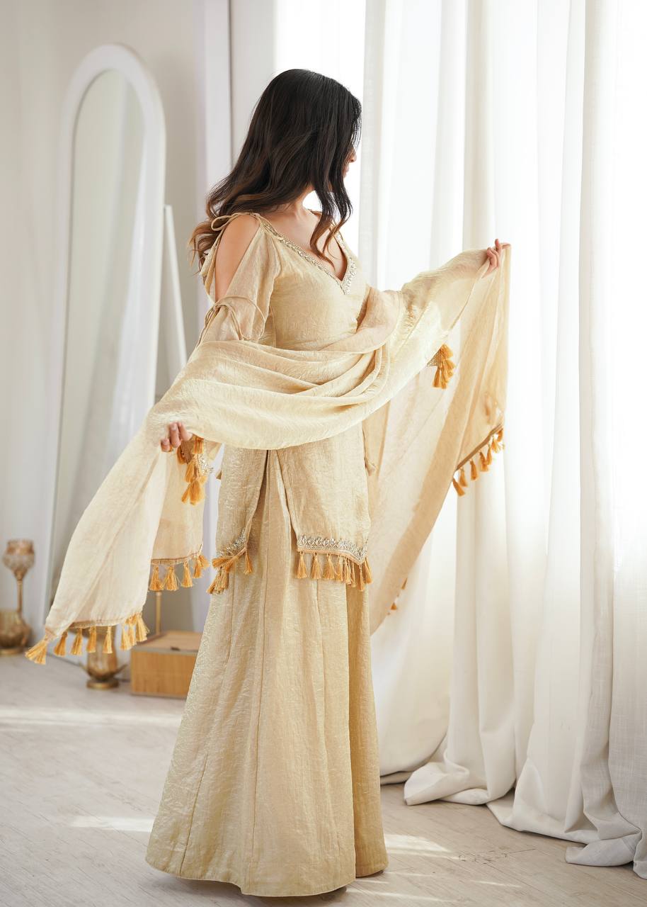 Premium Doremon Crush Silk Plazzo Suit with Real Mirror Work