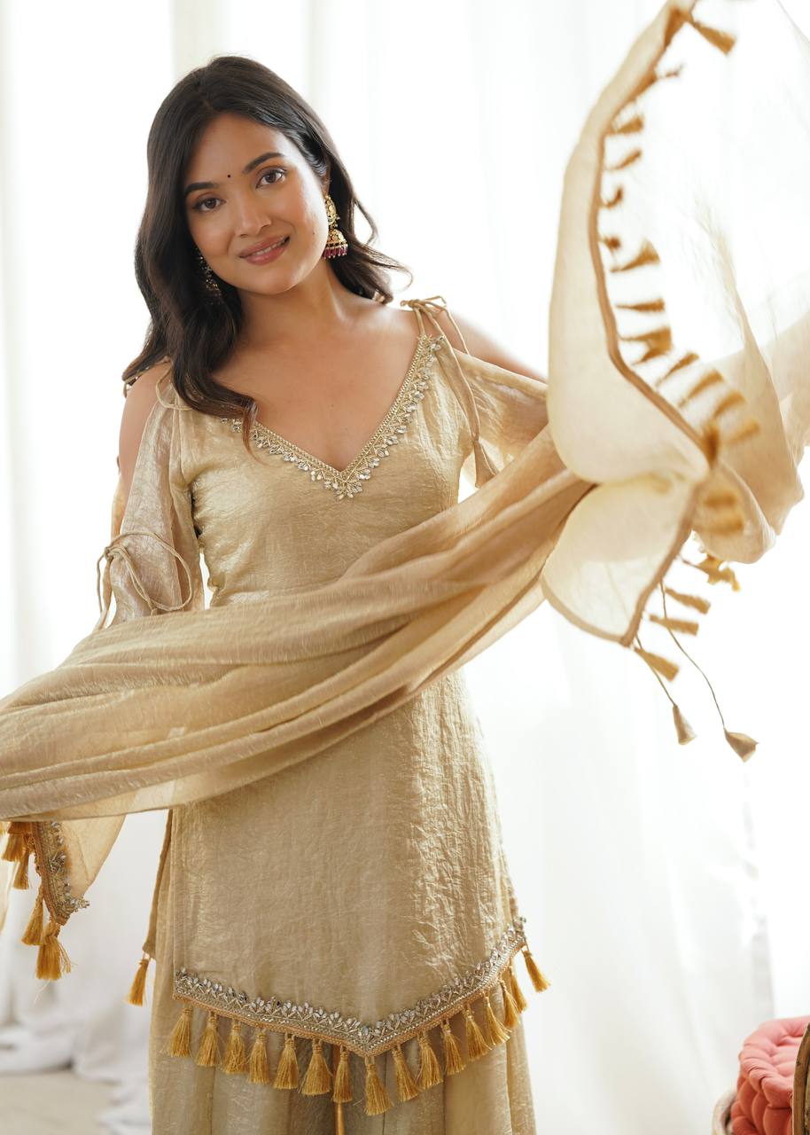 Premium Doremon Crush Silk Plazzo Suit with Real Mirror Work