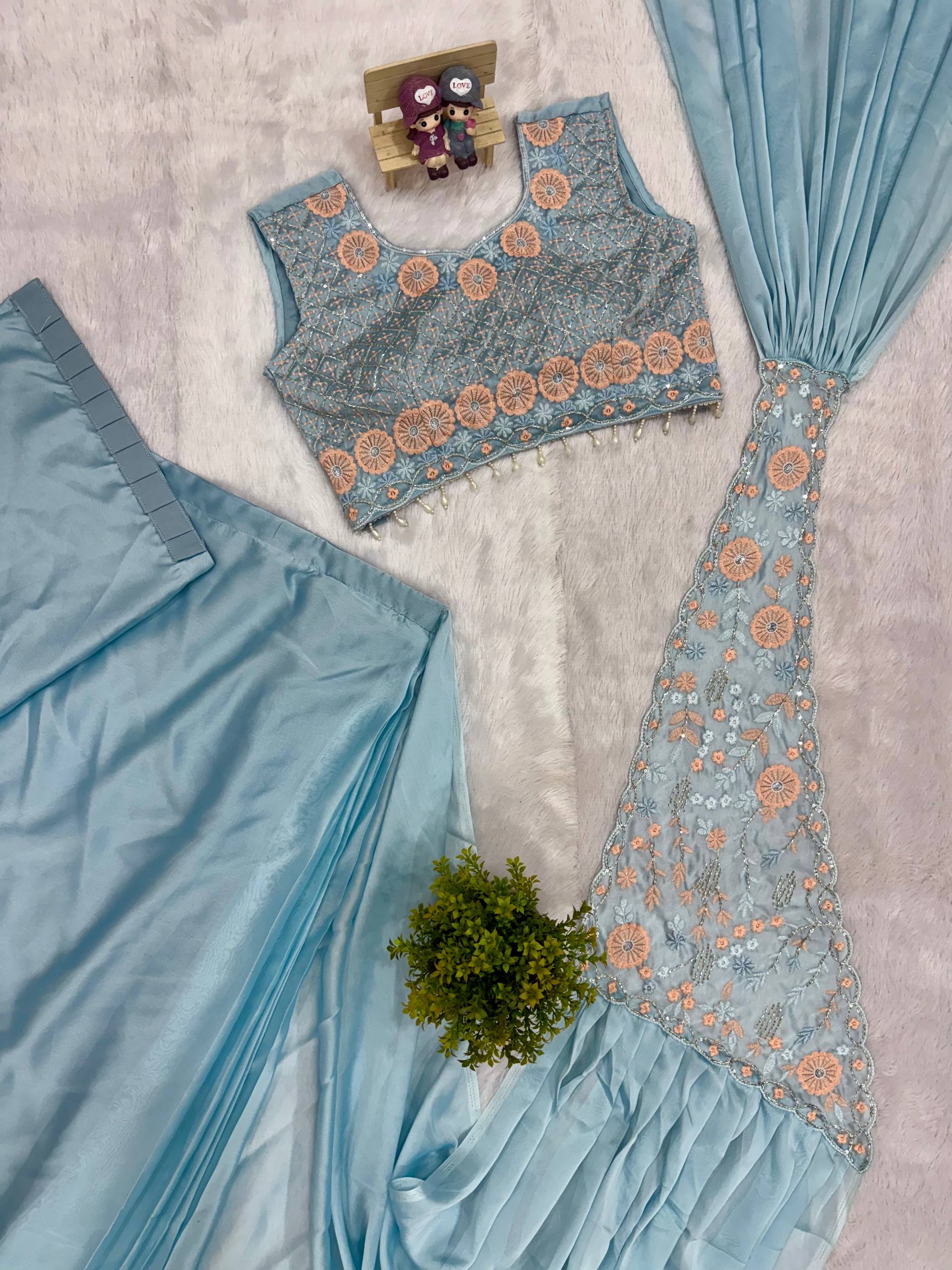 Premium Rangoli Silk Ready To Wear Saree with Embroidery & Beads Work | Stylish Party Wear Saree Set