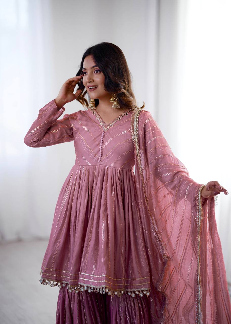 Ethnic Women’s Mirror Work Top Bottom Sharara Set with Dupatta