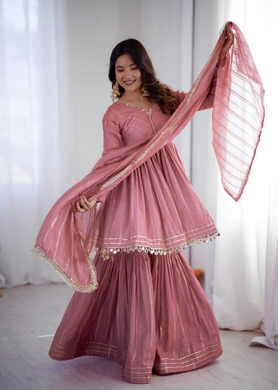 Ethnic Women’s Mirror Work Top Bottom Sharara Set with Dupatta