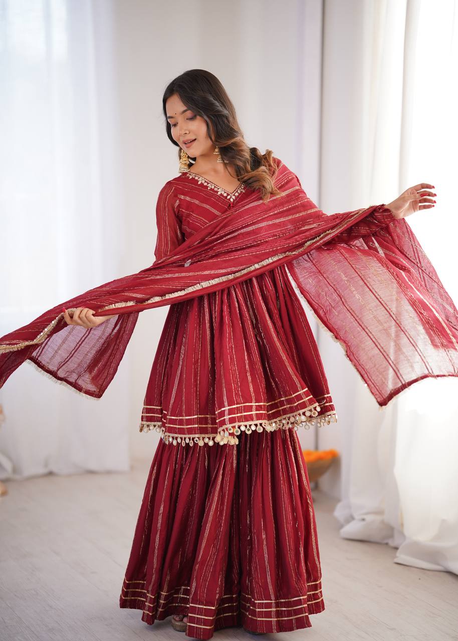 Ethnic Women’s Mirror Work Top Bottom Sharara Set with Dupatta