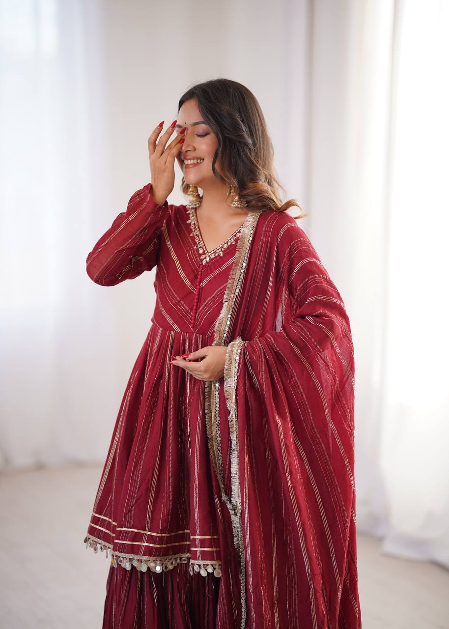 Ethnic Women’s Mirror Work Top Bottom Sharara Set with Dupatta