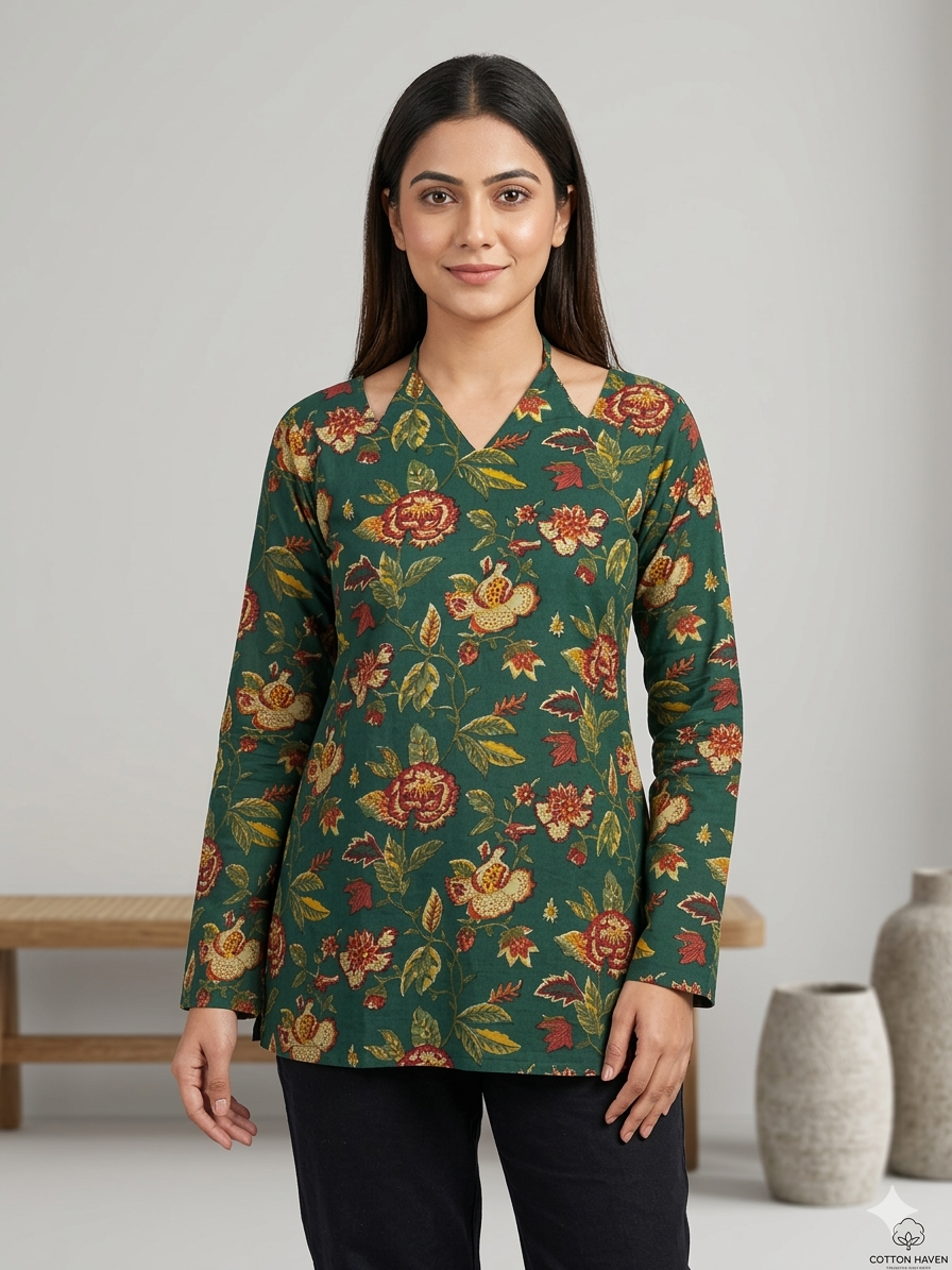 Casual Wear Green Printed Cotton Tunic for Women