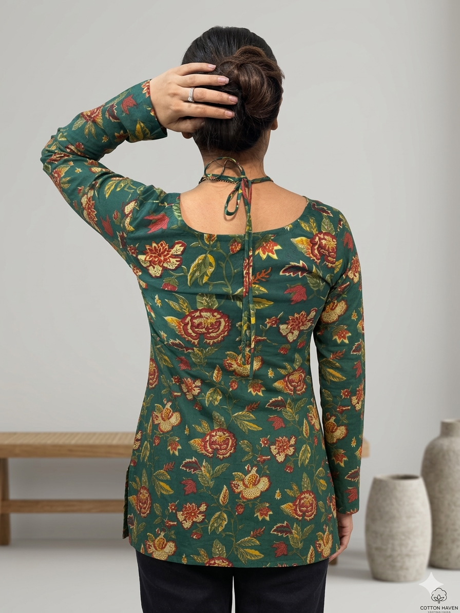 Casual Wear Green Printed Cotton Tunic for Women