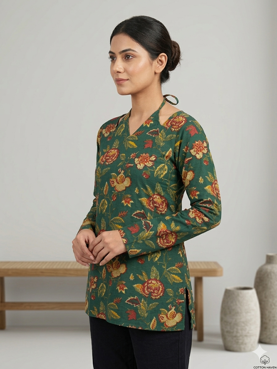Casual Wear Green Printed Cotton Tunic for Women