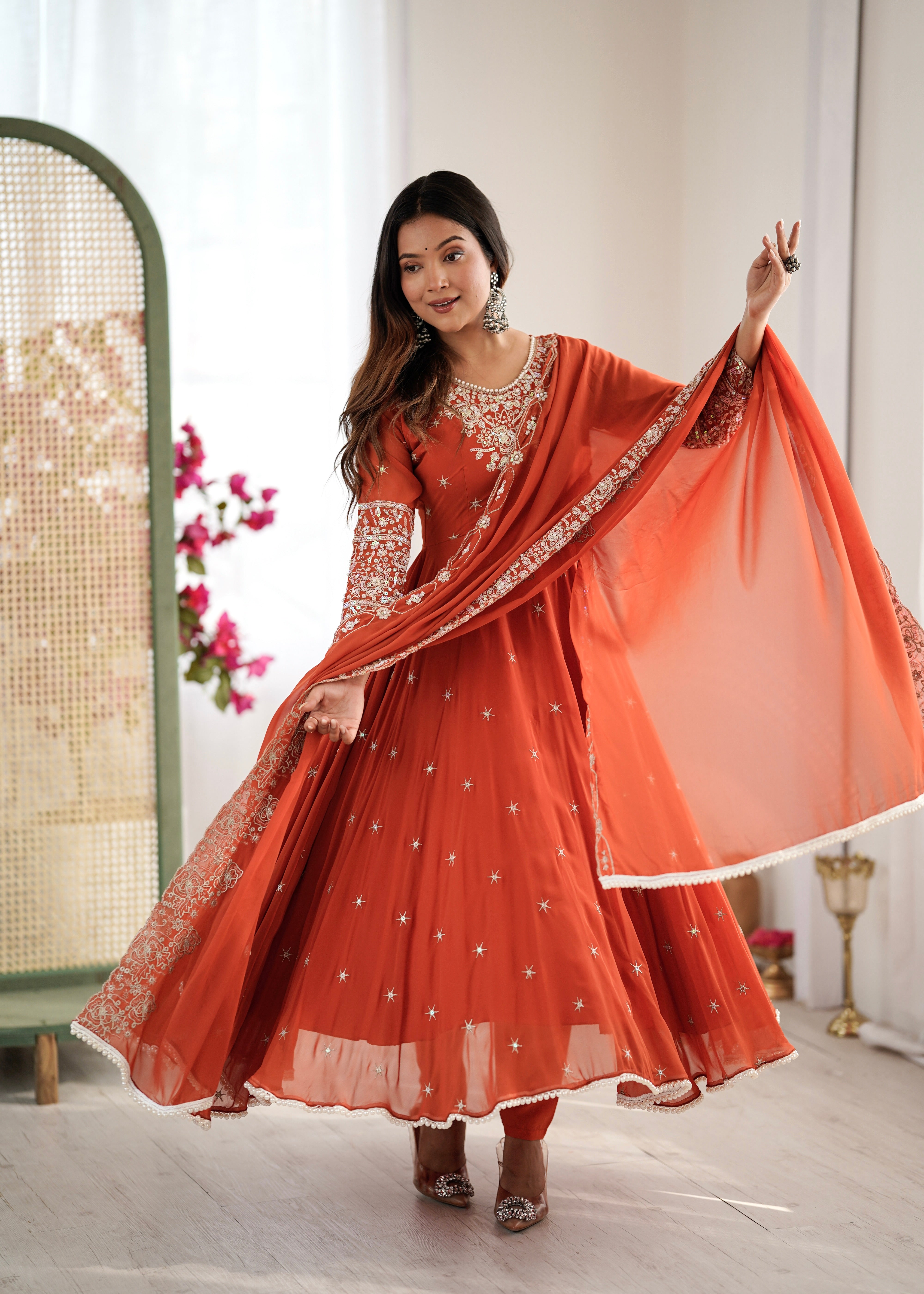 Elegant Embroidered Rembo Sequence Designer Anarkali Three Piece Set