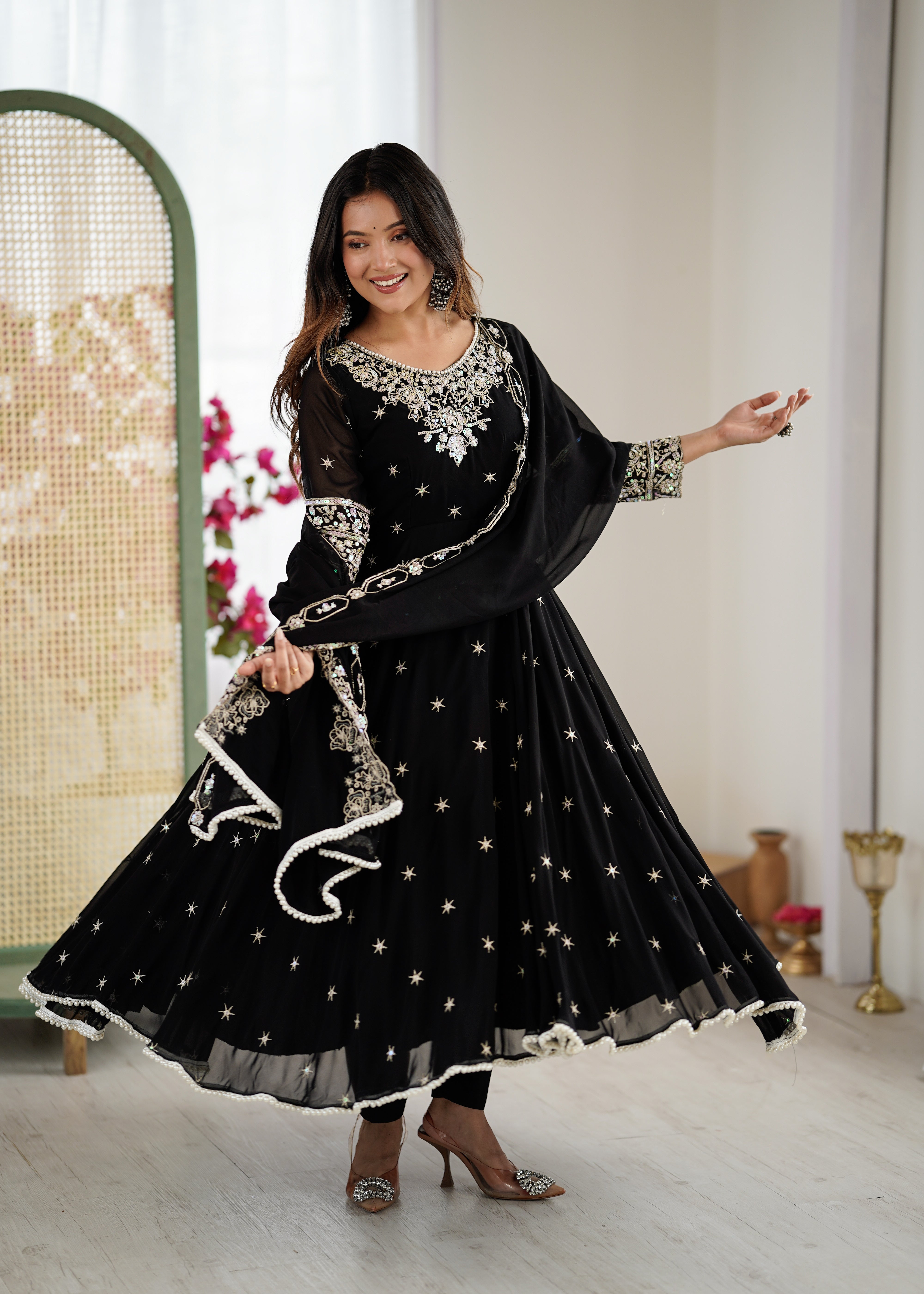 Elegant Embroidered Rembo Sequence Designer Anarkali Three Piece Set