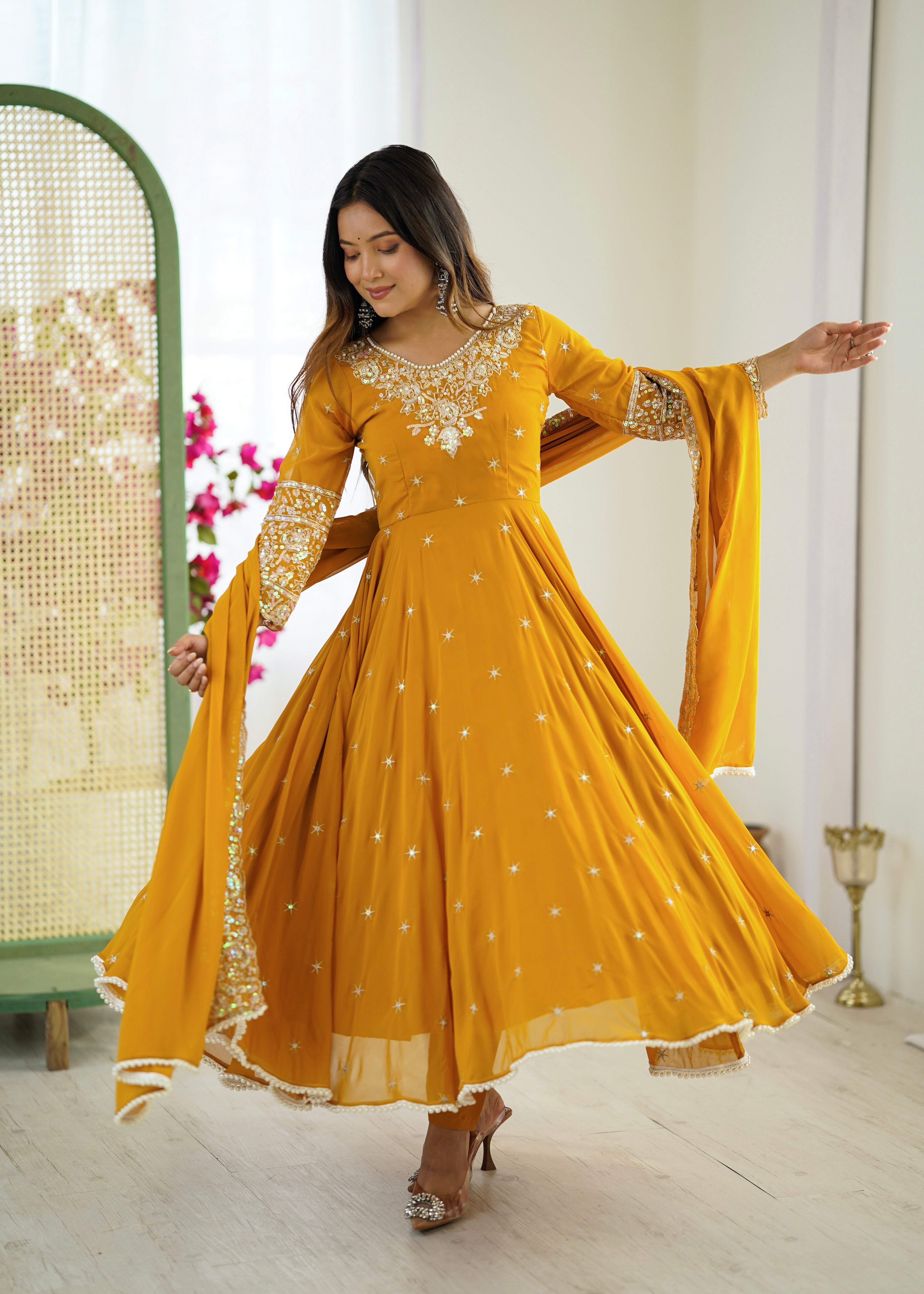 Elegant Embroidered Rembo Sequence Designer Anarkali Three Piece Set