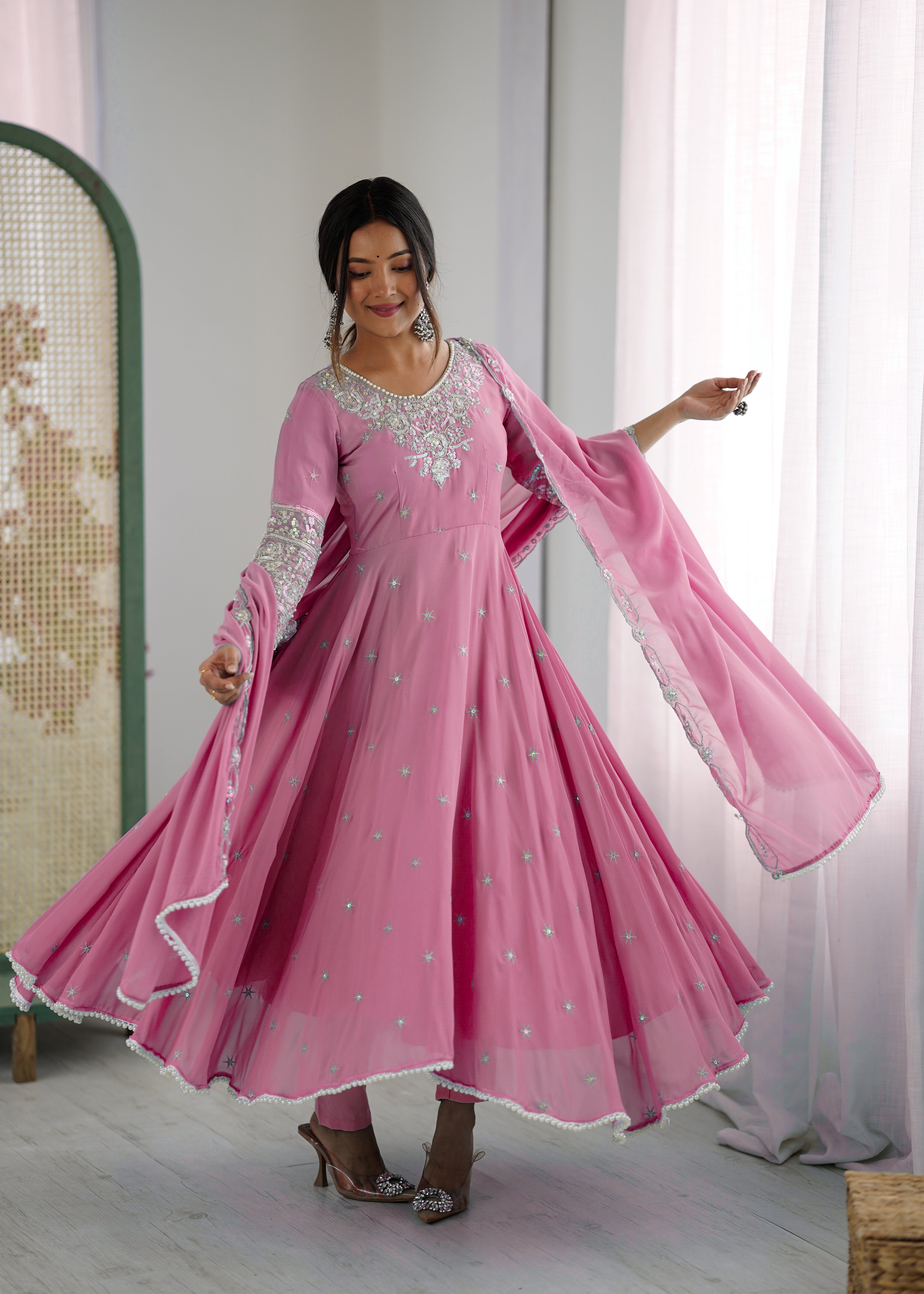 Elegant Embroidered Rembo Sequence Designer Anarkali Three Piece Set