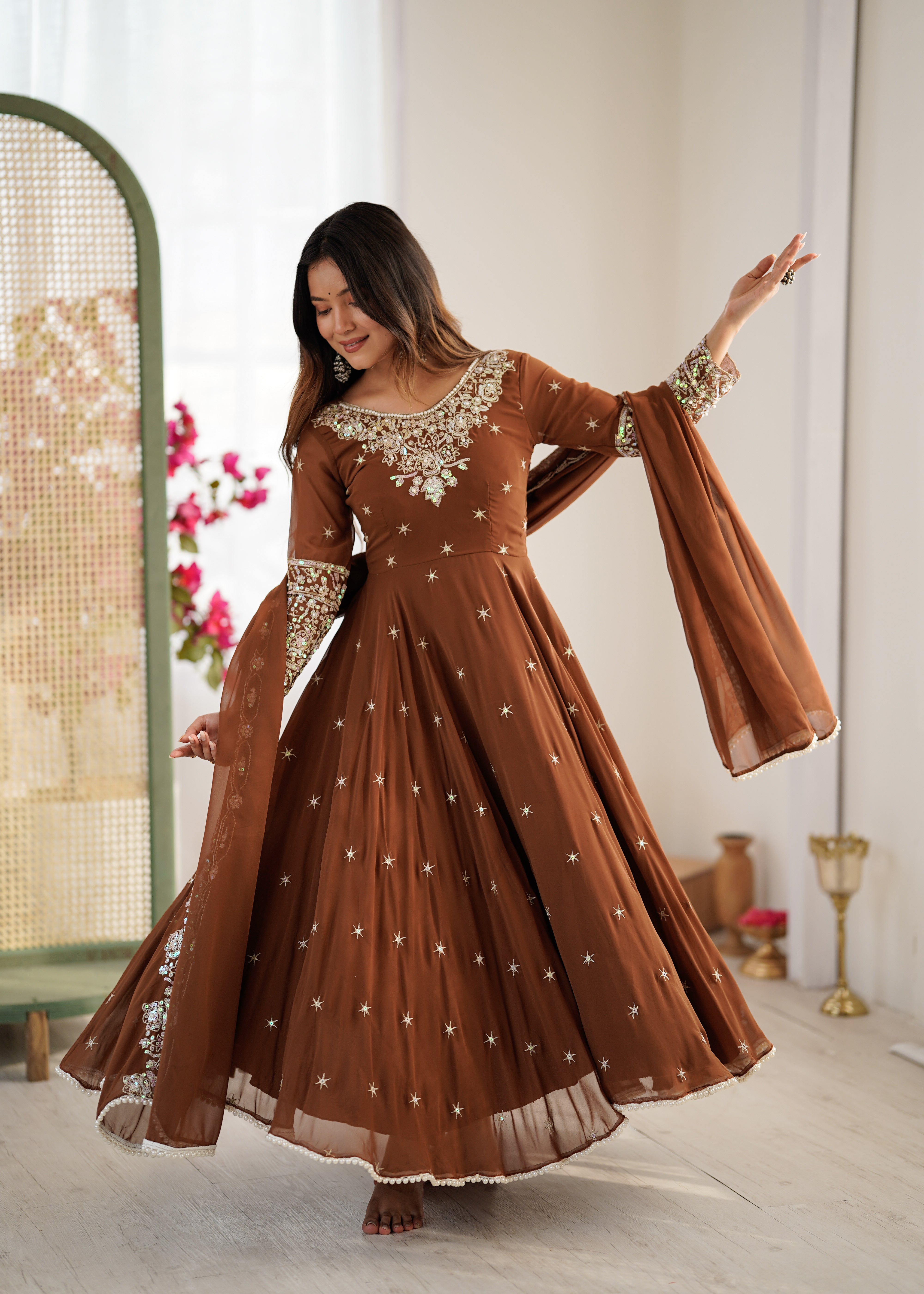Elegant Embroidered Rembo Sequence Designer Anarkali Three Piece Set