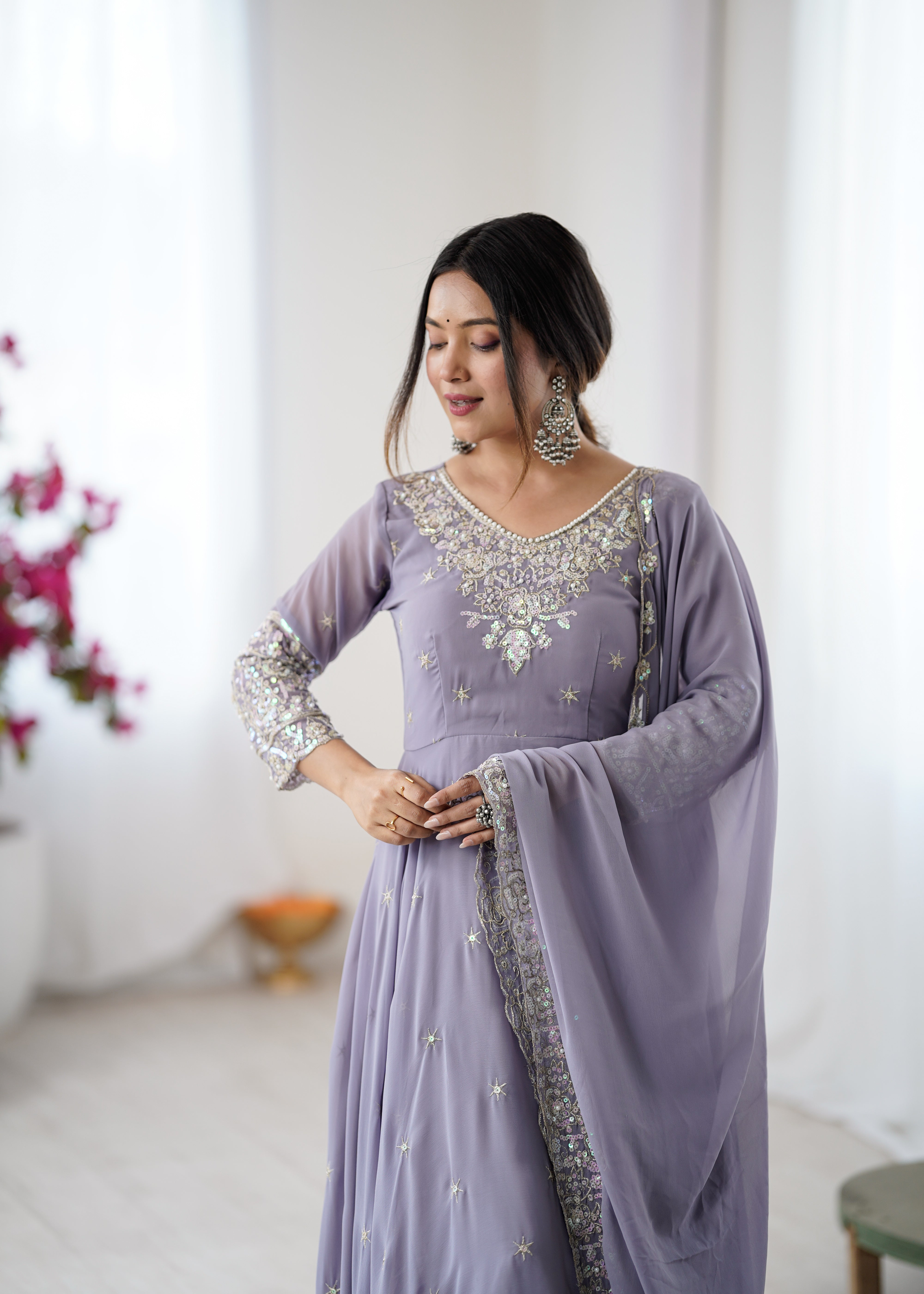 Elegant Embroidered Rembo Sequence Designer Anarkali Three Piece Set