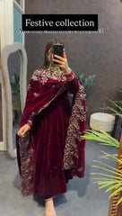 3 PIECE EMBROIDERED GOWN ON VELVET FABRIC WITH HEAVY DUPATTA WORK
