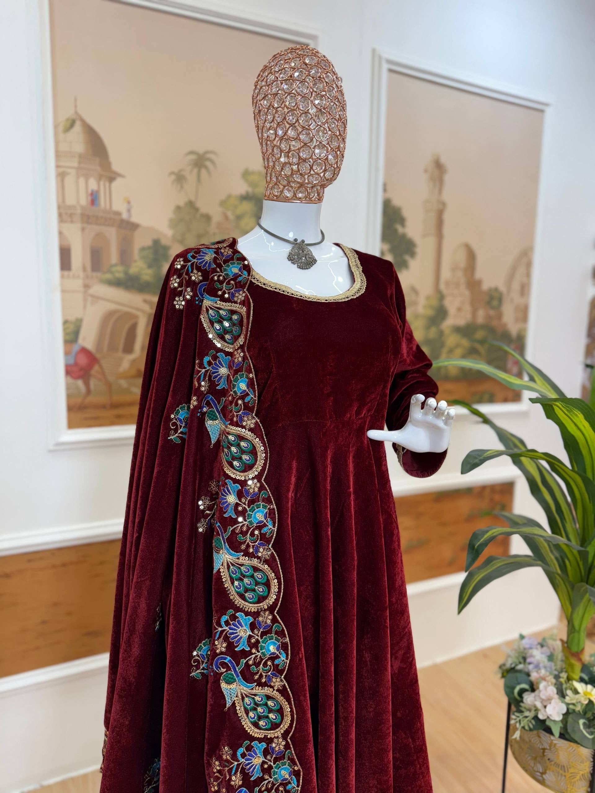 3 PIECE EMBROIDERED GOWN ON VELVET FABRIC WITH HEAVY DUPATTA WORK